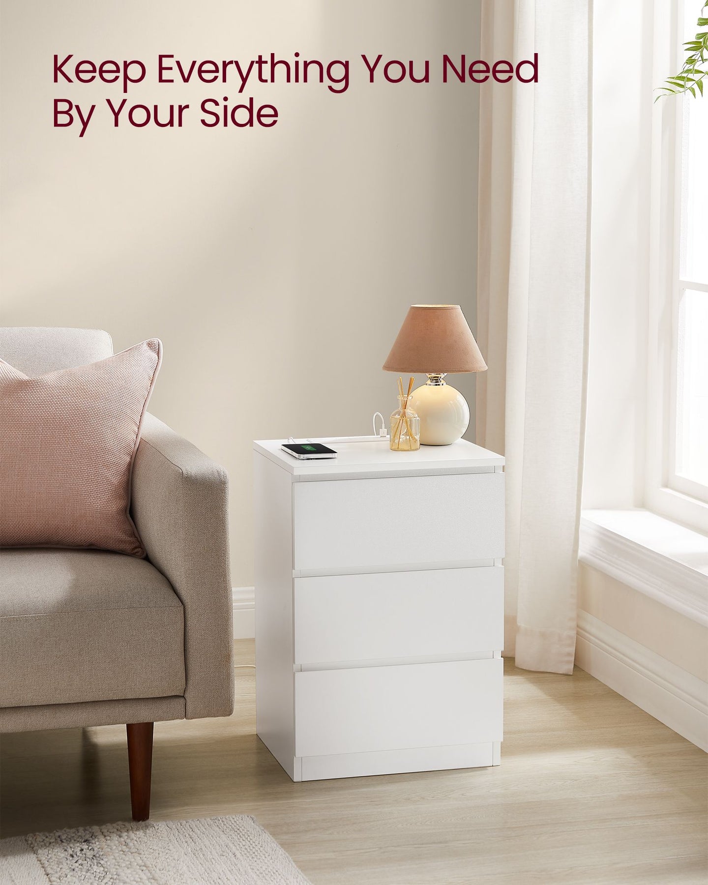 Bedside Table - Wood - Natural Finish - Integrated Charging Station