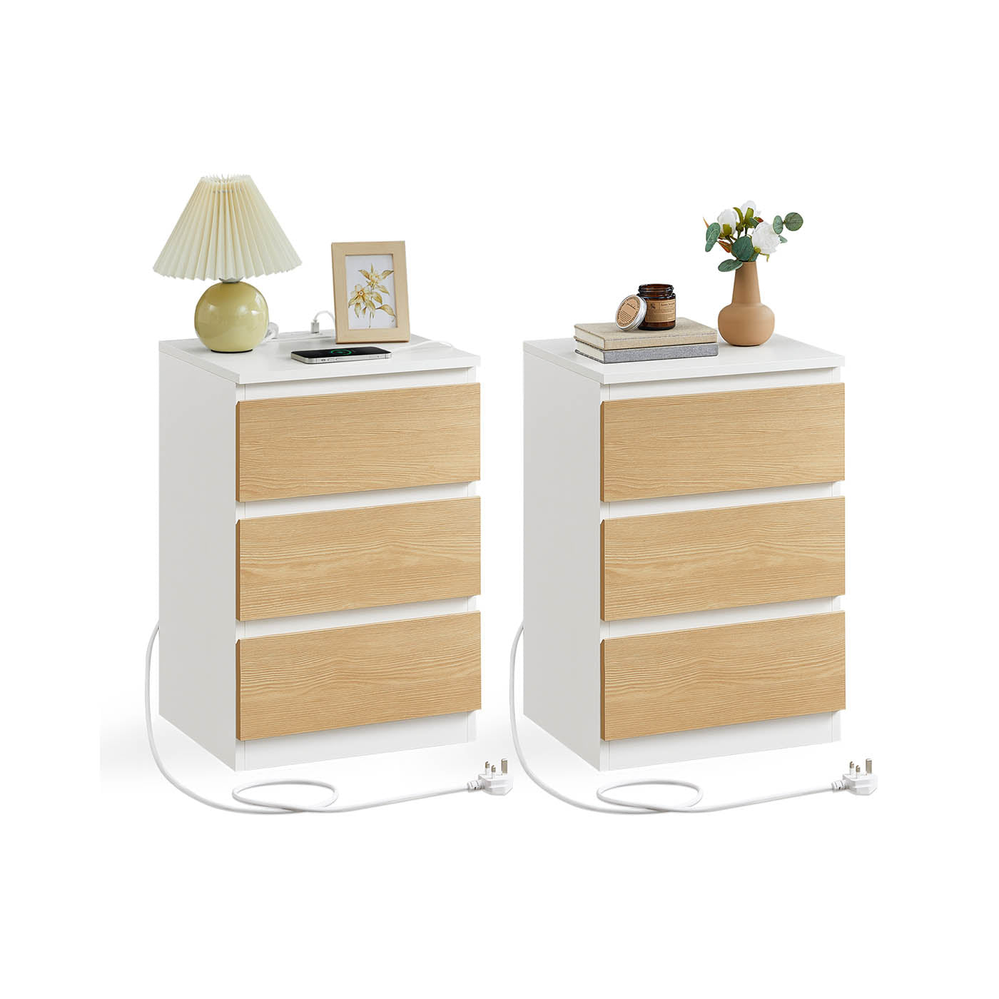 Set of 2 Bedside Tables - Wood - Cloud White - With Charging Station