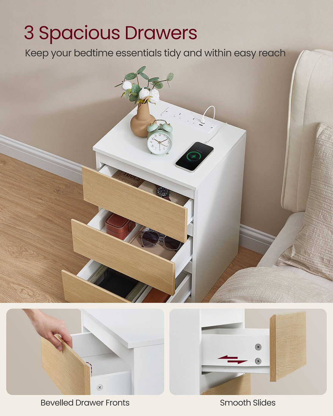 Set of 2 Bedside Tables - Wood - Cloud White - With Charging Station