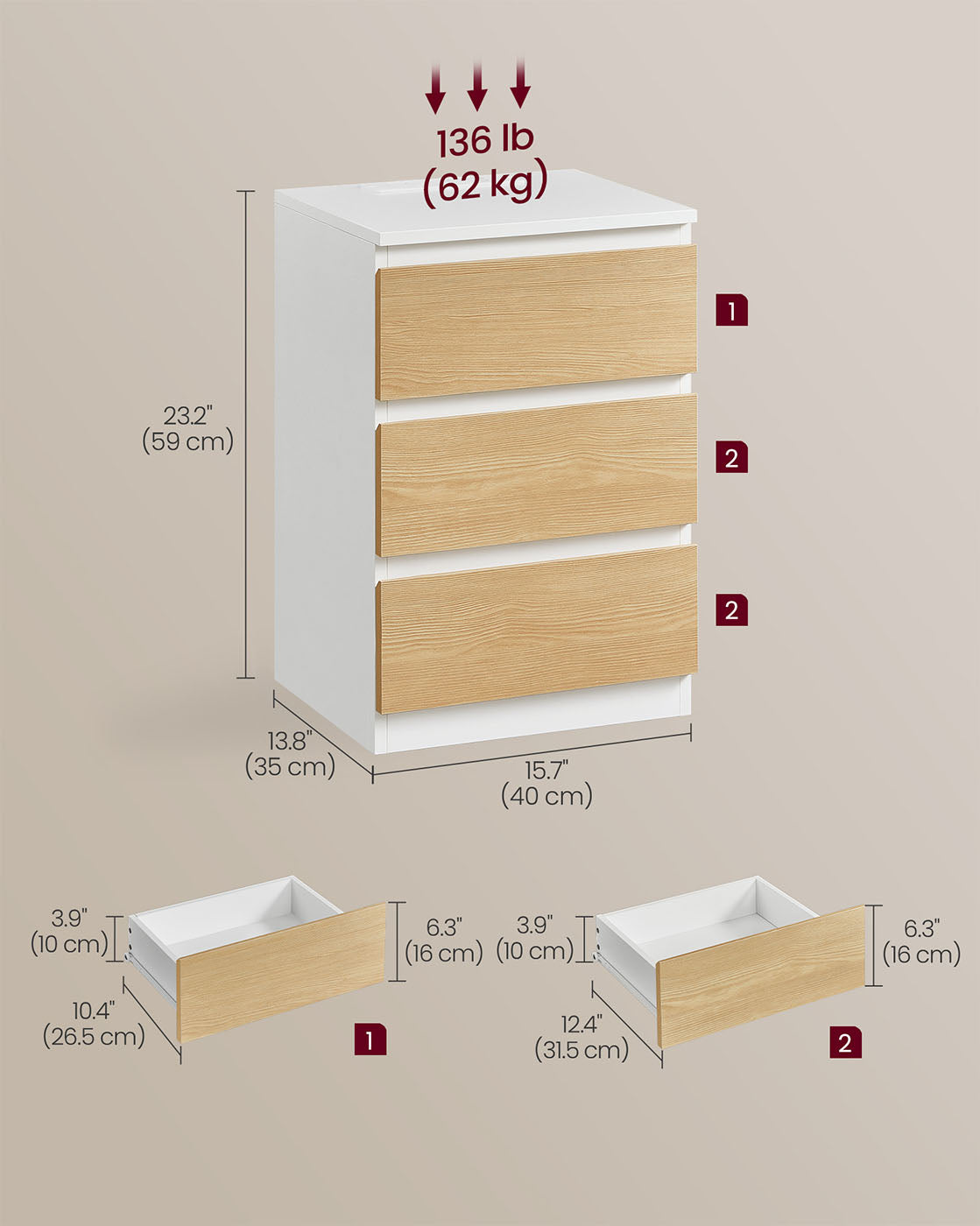 Set of 2 Bedside Tables - Wood - Cloud White - With Charging Station