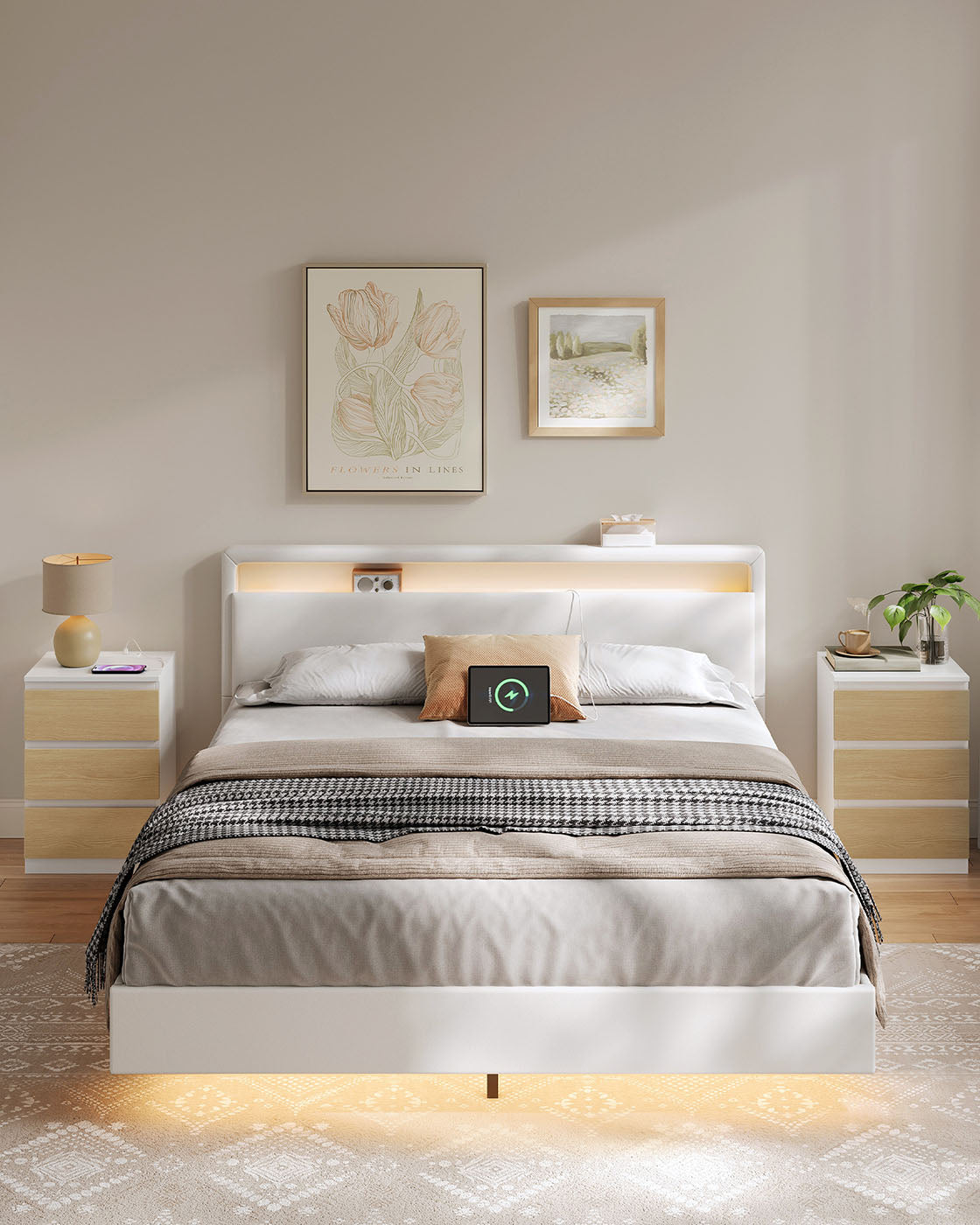 Set of 2 Bedside Tables - Wood - Cloud White - With Charging Station