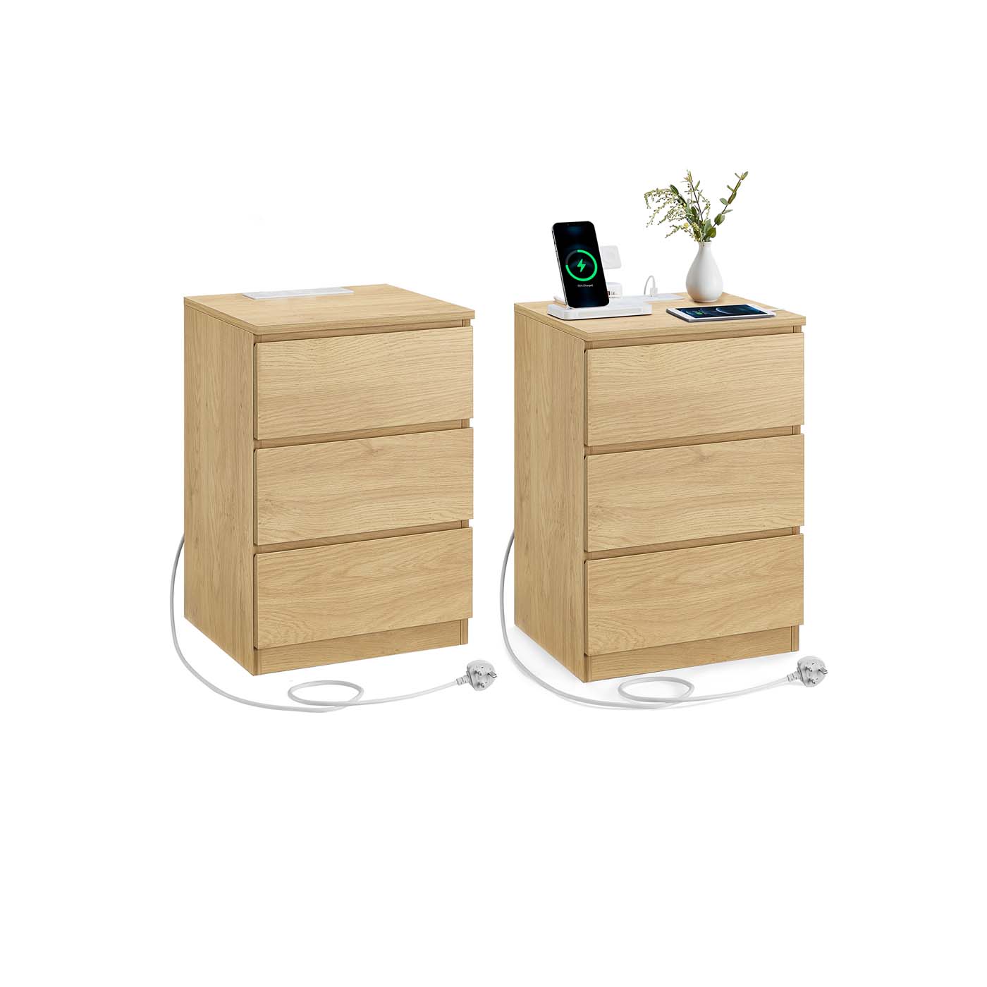 Bedside Table - Wood - Straw Yellow - Set of 2 with Charging Station