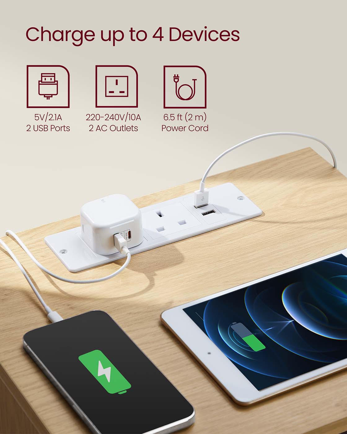 Bedside Table - Wood - Straw Yellow - Set of 2 with Charging Station