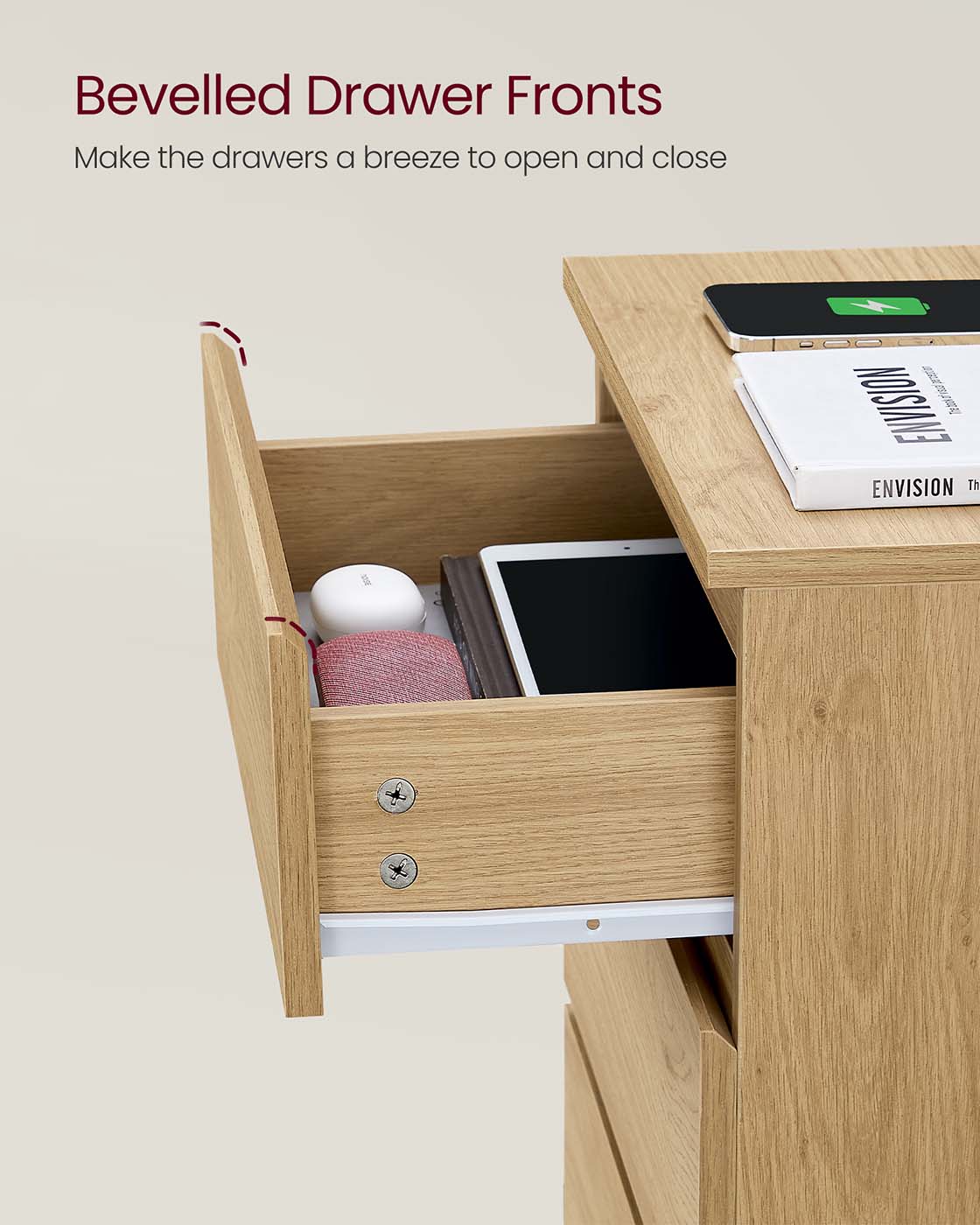 Bedside Table - Wood - Straw Yellow - Set of 2 with Charging Station
