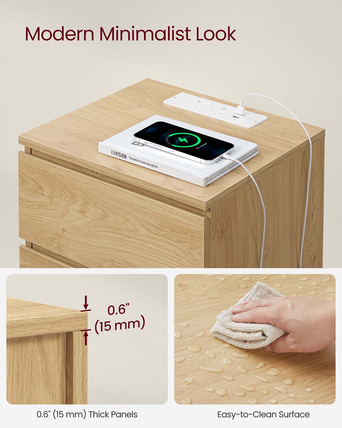 Bedside Table - Wood - Straw Yellow - Set of 2 with Charging Station