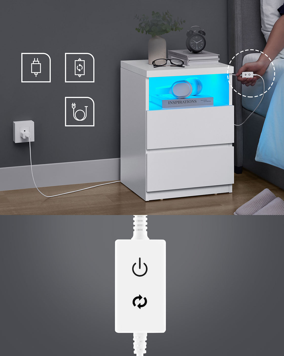 Set of 2 Nightstands - Wood - White - Adjustable LED Light and Drawers