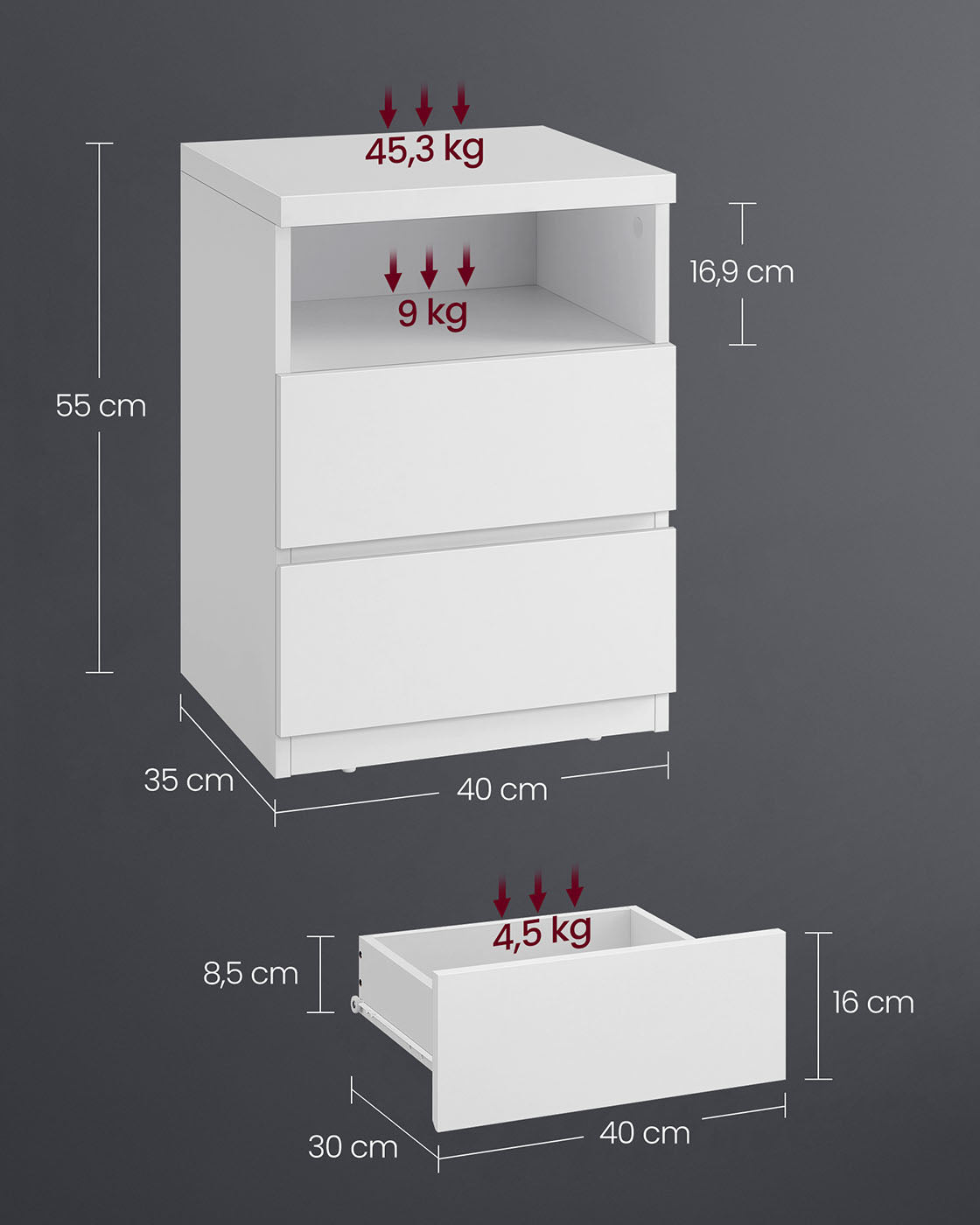 Set of 2 Nightstands - Wood - White - Adjustable LED Light and Drawers