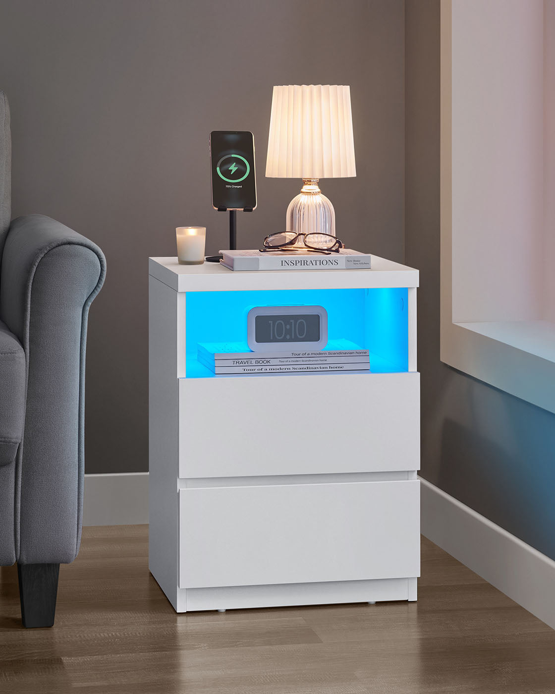 Set of 2 Nightstands - Wood - White - Adjustable LED Light and Drawers