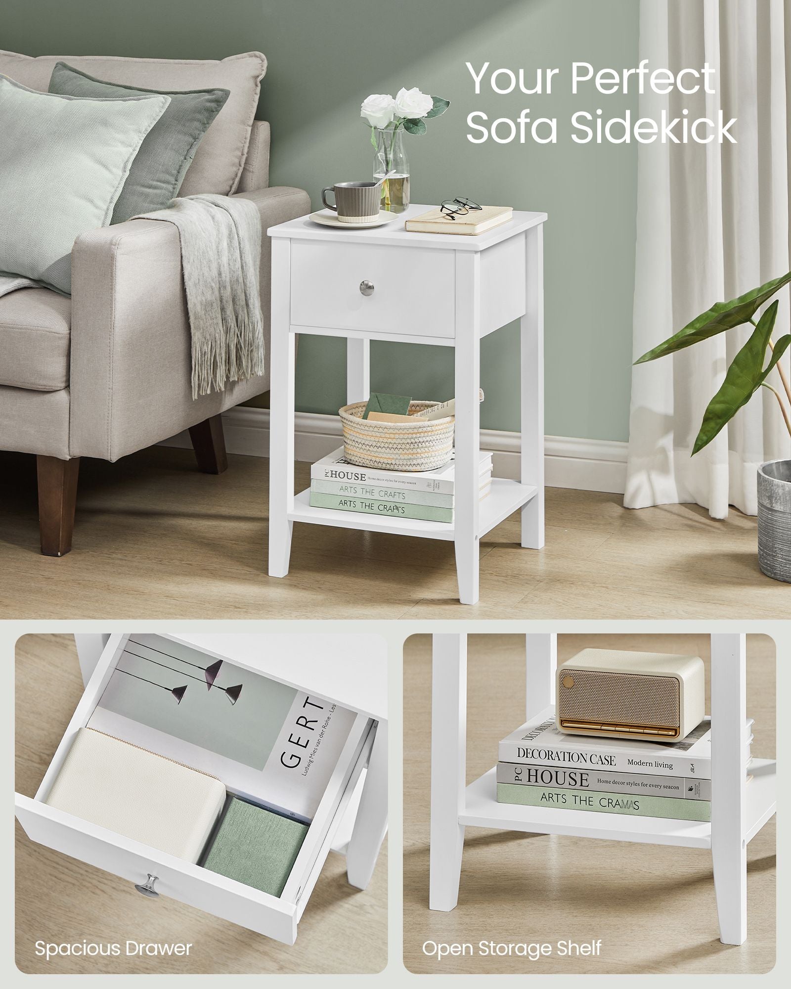 Set of 2 Bedside Tables - Bamboo - Cloud White - Storage Drawer and Open Shelf