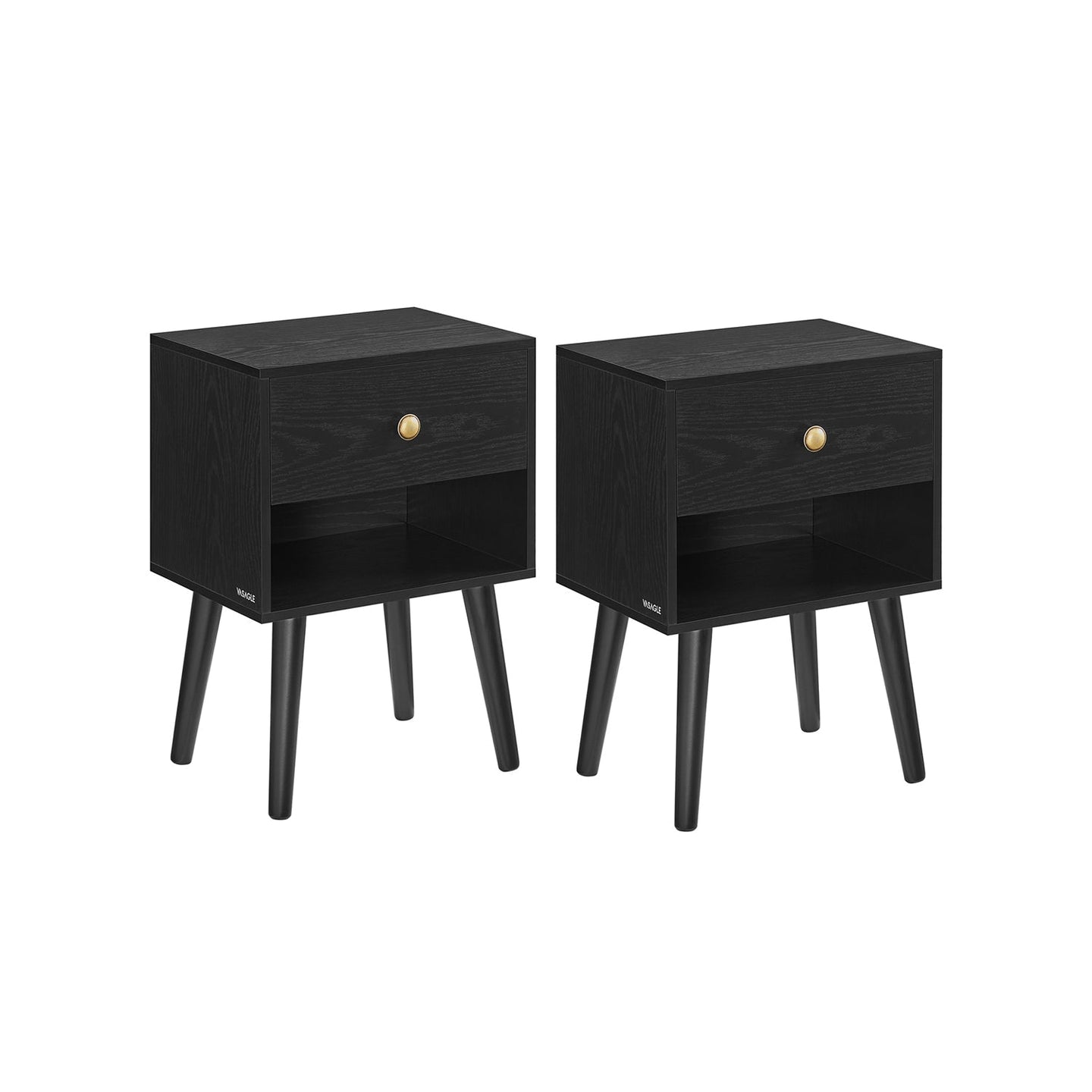 Set of 2 Bedside Tables - Solid Wood - Ebony Black - Storage Drawer and Open Shelf