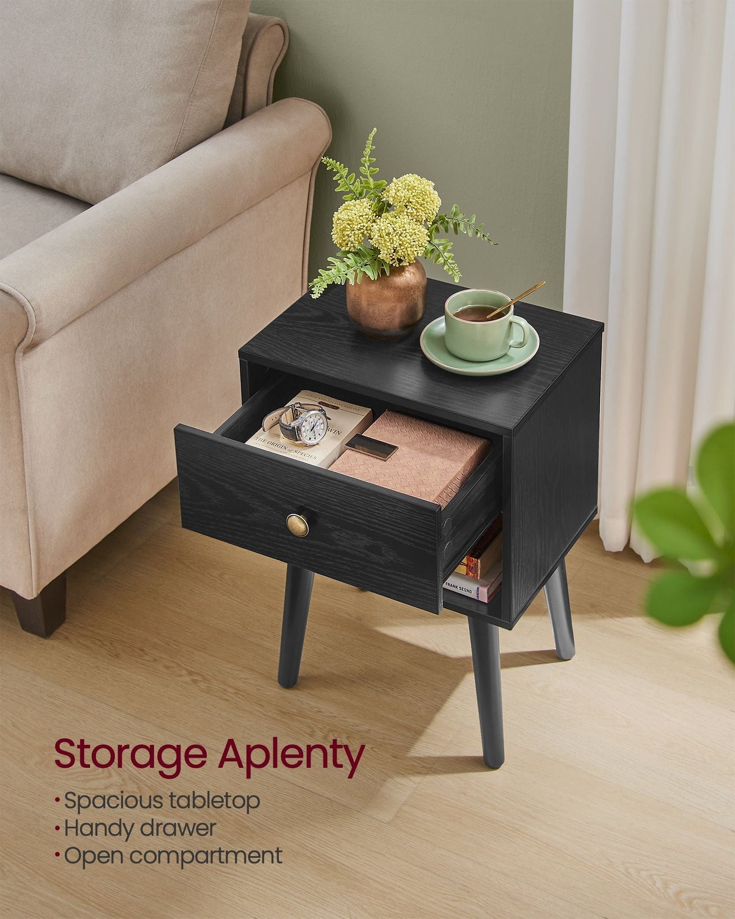 Set of 2 Bedside Tables - Solid Wood - Ebony Black - Storage Drawer and Open Shelf