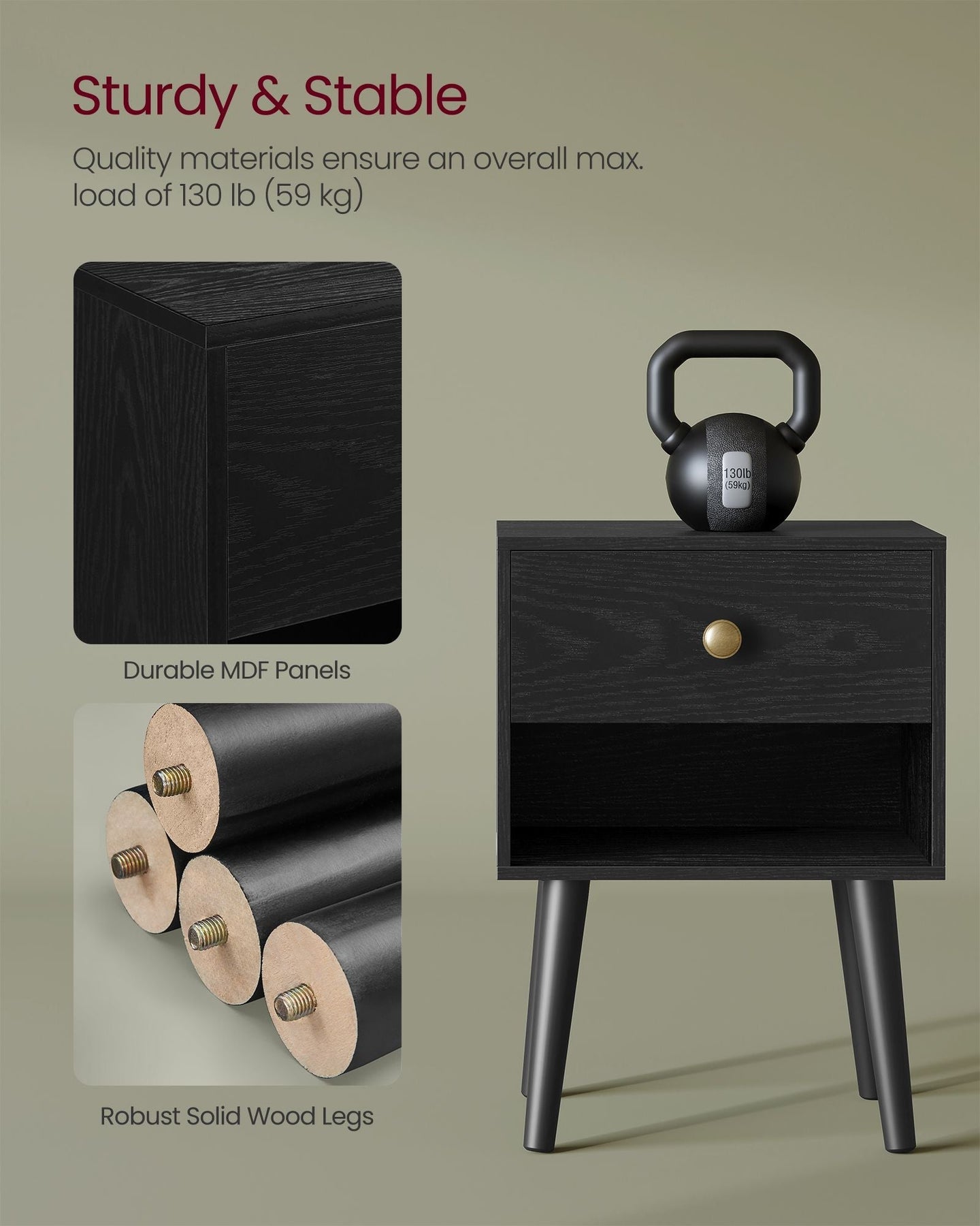 Set of 2 Bedside Tables - Solid Wood - Ebony Black - Storage Drawer and Open Shelf