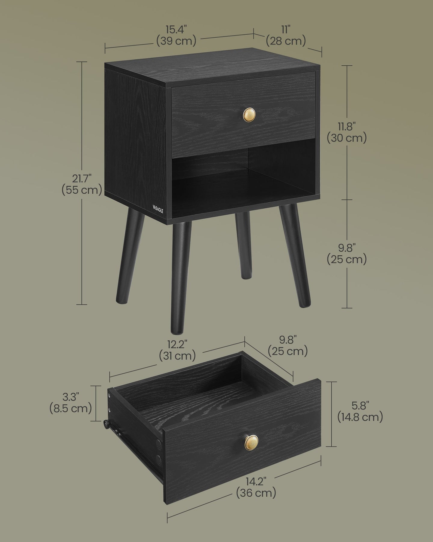 Set of 2 Bedside Tables - Solid Wood - Ebony Black - Storage Drawer and Open Shelf