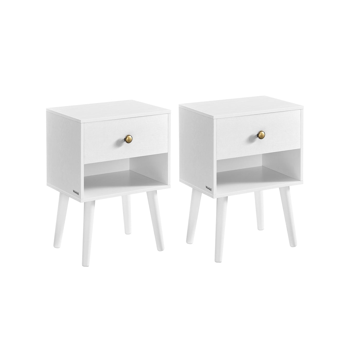 Set of 2 Bedside Tables - Solid Wood - Cloud White - Features Storage Drawers and Open Shelf
