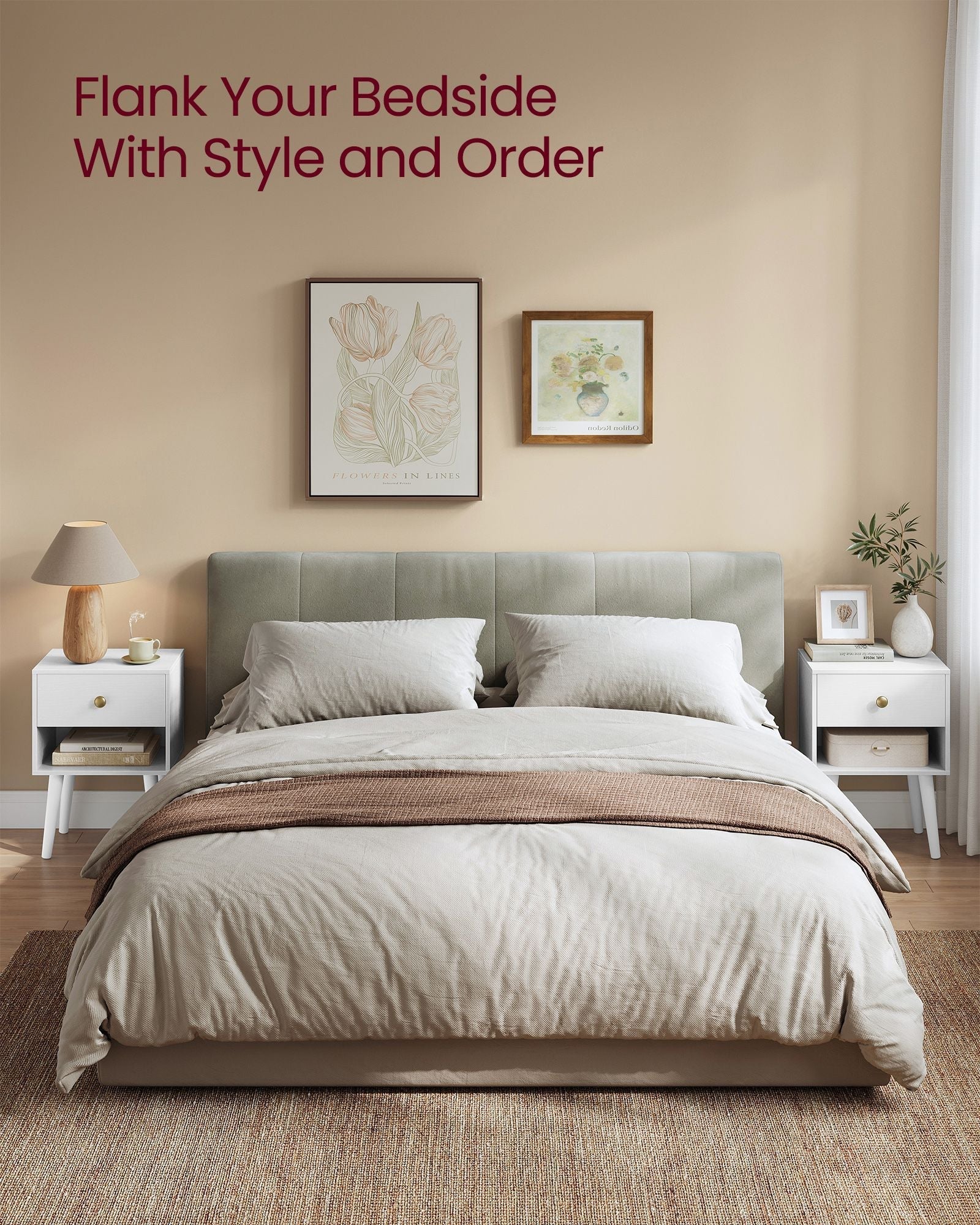 Set of 2 Bedside Tables - Solid Wood - Cloud White - Features Storage Drawers and Open Shelf