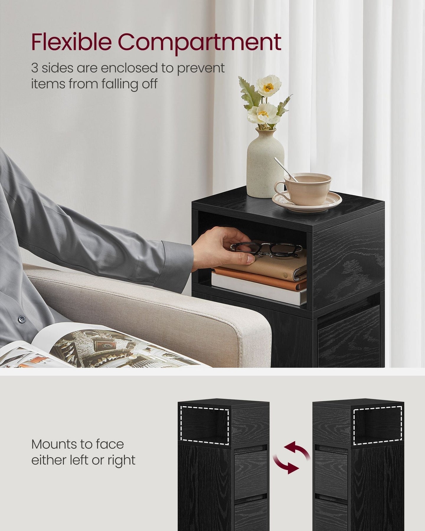 Narrow Nightstand - Wood - Ebony Black - Adjustable Design with 2 Drawers and Shelf