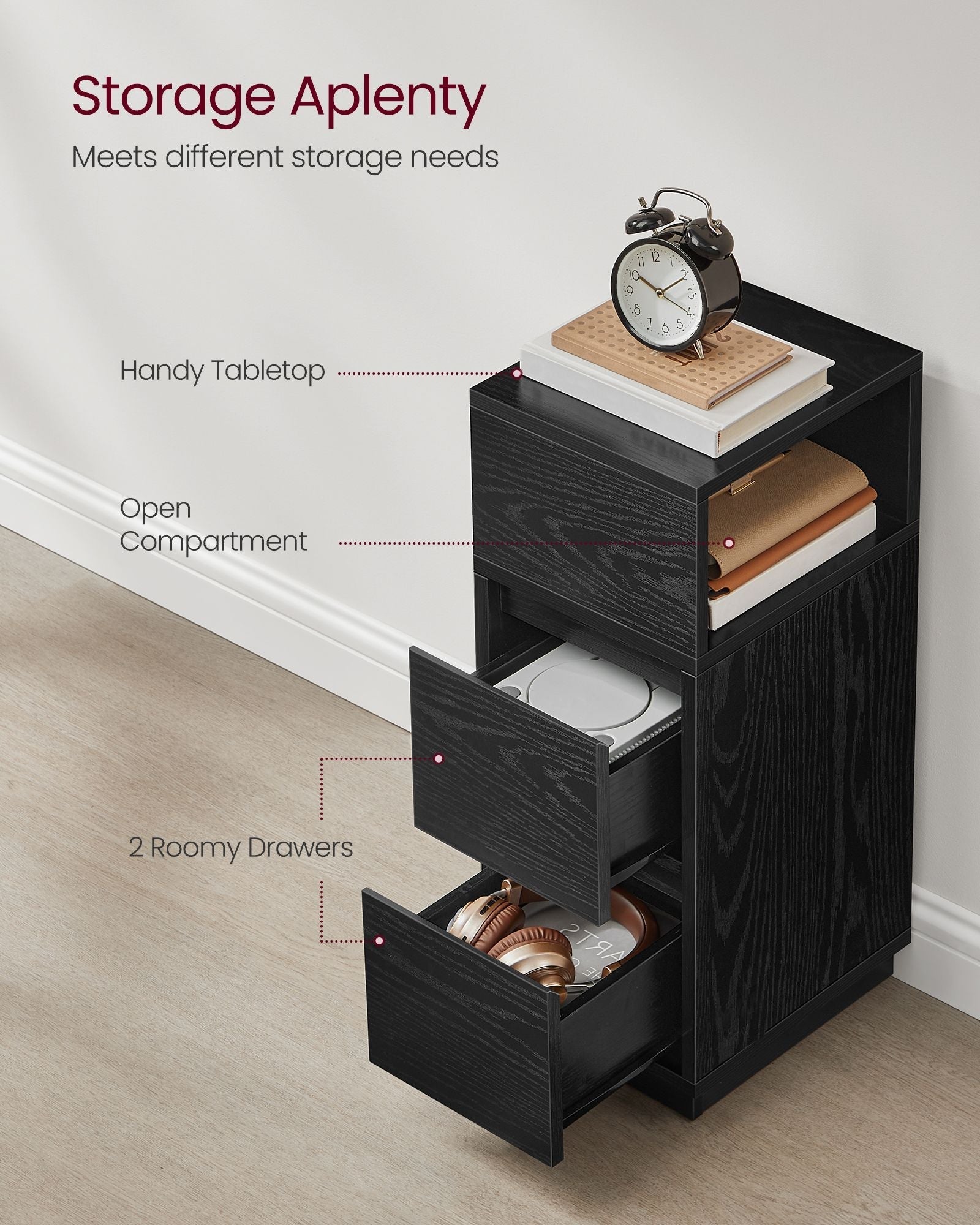 Narrow Nightstand - Wood - Ebony Black - Adjustable Design with 2 Drawers and Shelf