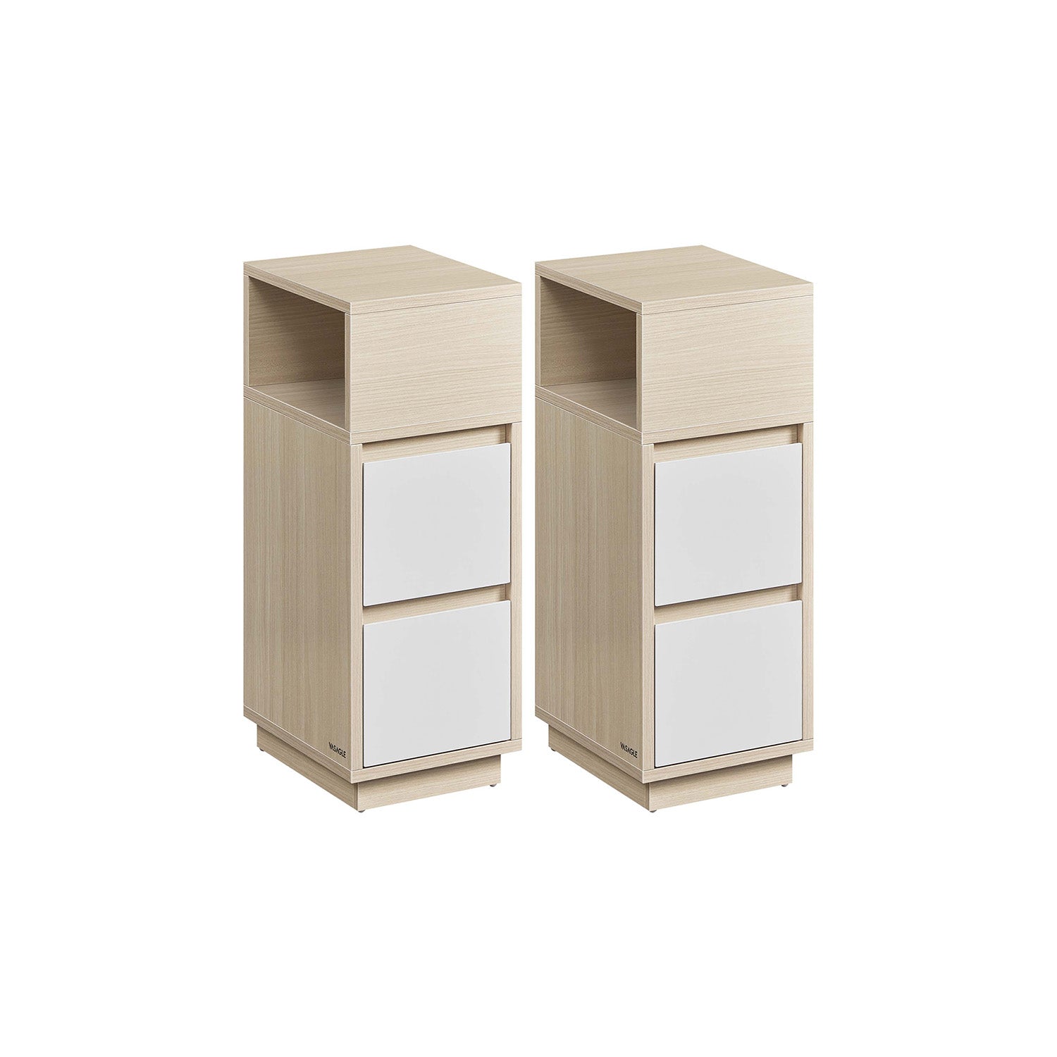 Set of 2 Slim Side Tables - Wood - Cloud White - 2 Drawers and Open Compartment