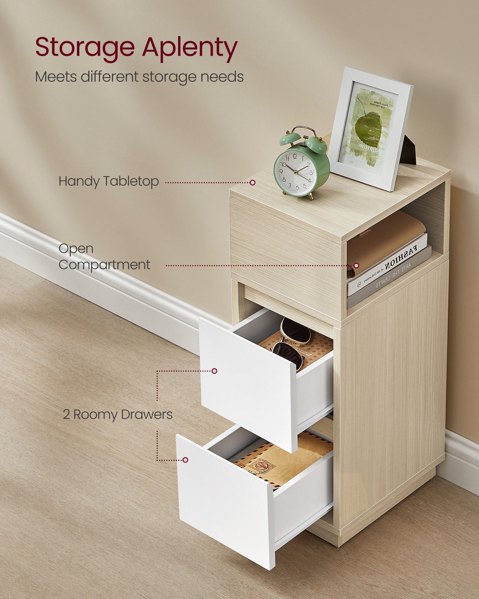 Set of 2 Slim Side Tables - Wood - Cloud White - 2 Drawers and Open Compartment