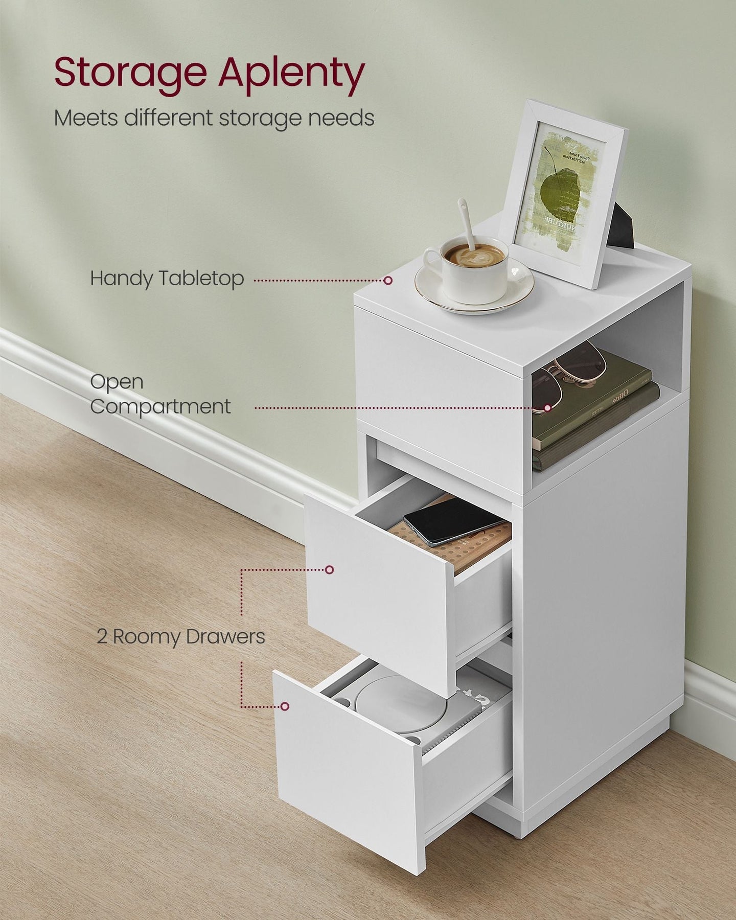 Set of 2 Slim Bedside Tables - Engineered Wood - Cloud White - 2 Drawers and 1 Open Compartment