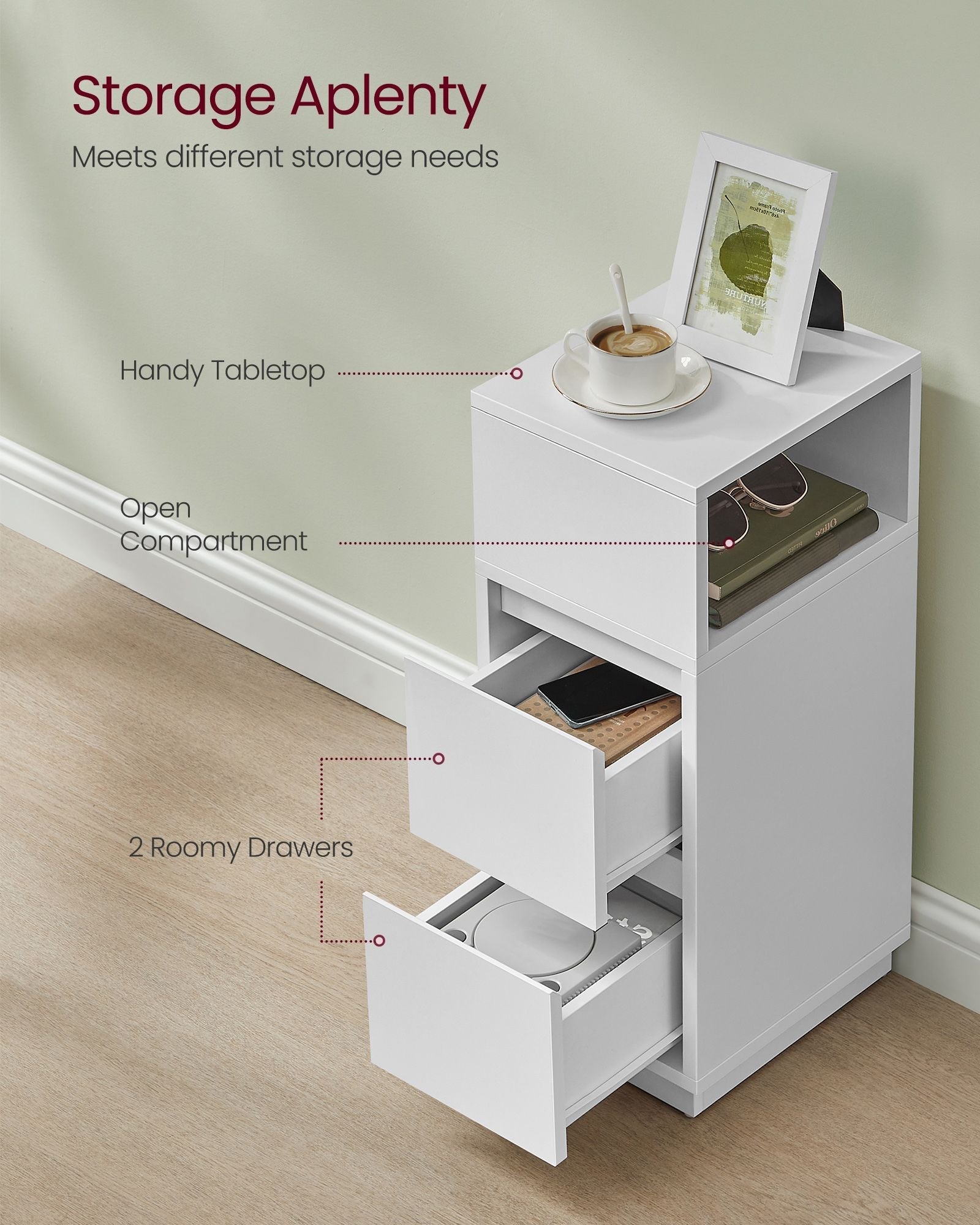 Set of 2 Slim Bedside Tables - Engineered Wood - Cloud White - 2 Drawers and 1 Open Compartment