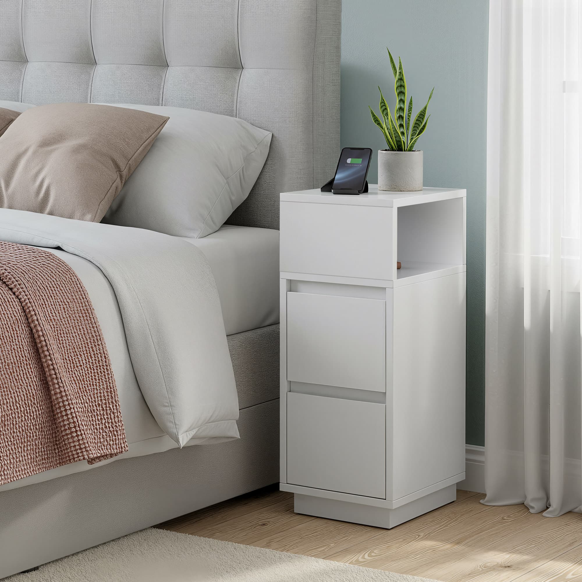 Narrow Side Tables Set - Wood - White - Slim Design with 2 Drawers and Open Compartment