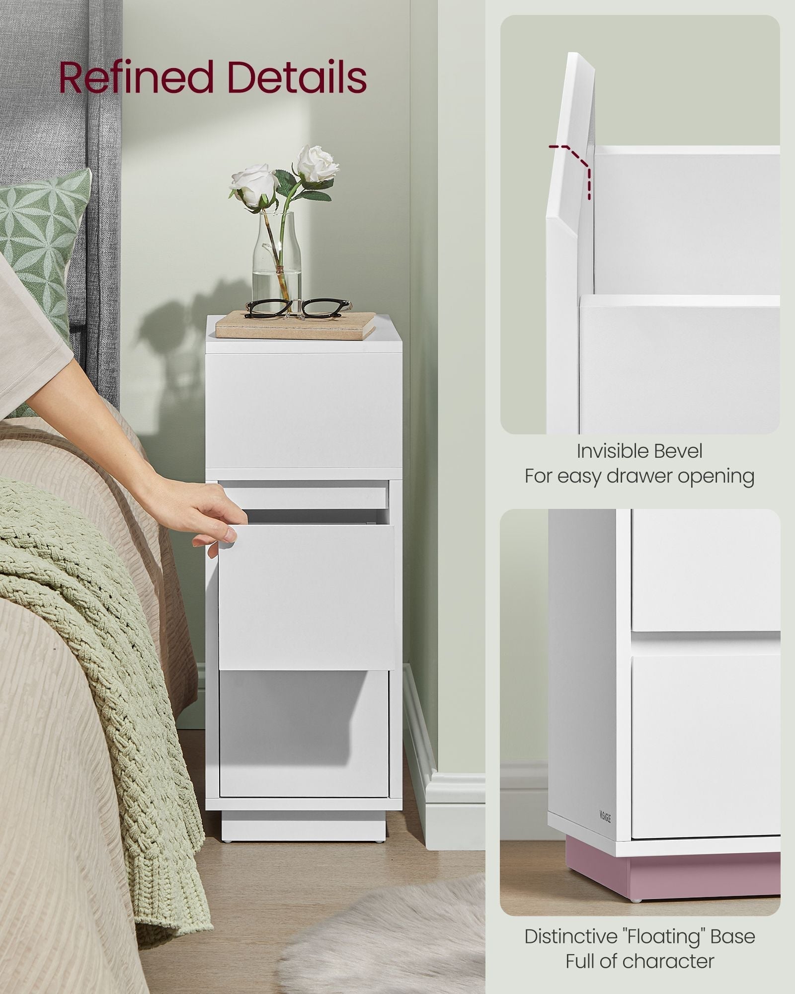 Set of 2 Slim Bedside Tables - Engineered Wood - Cloud White - 2 Drawers and 1 Open Compartment