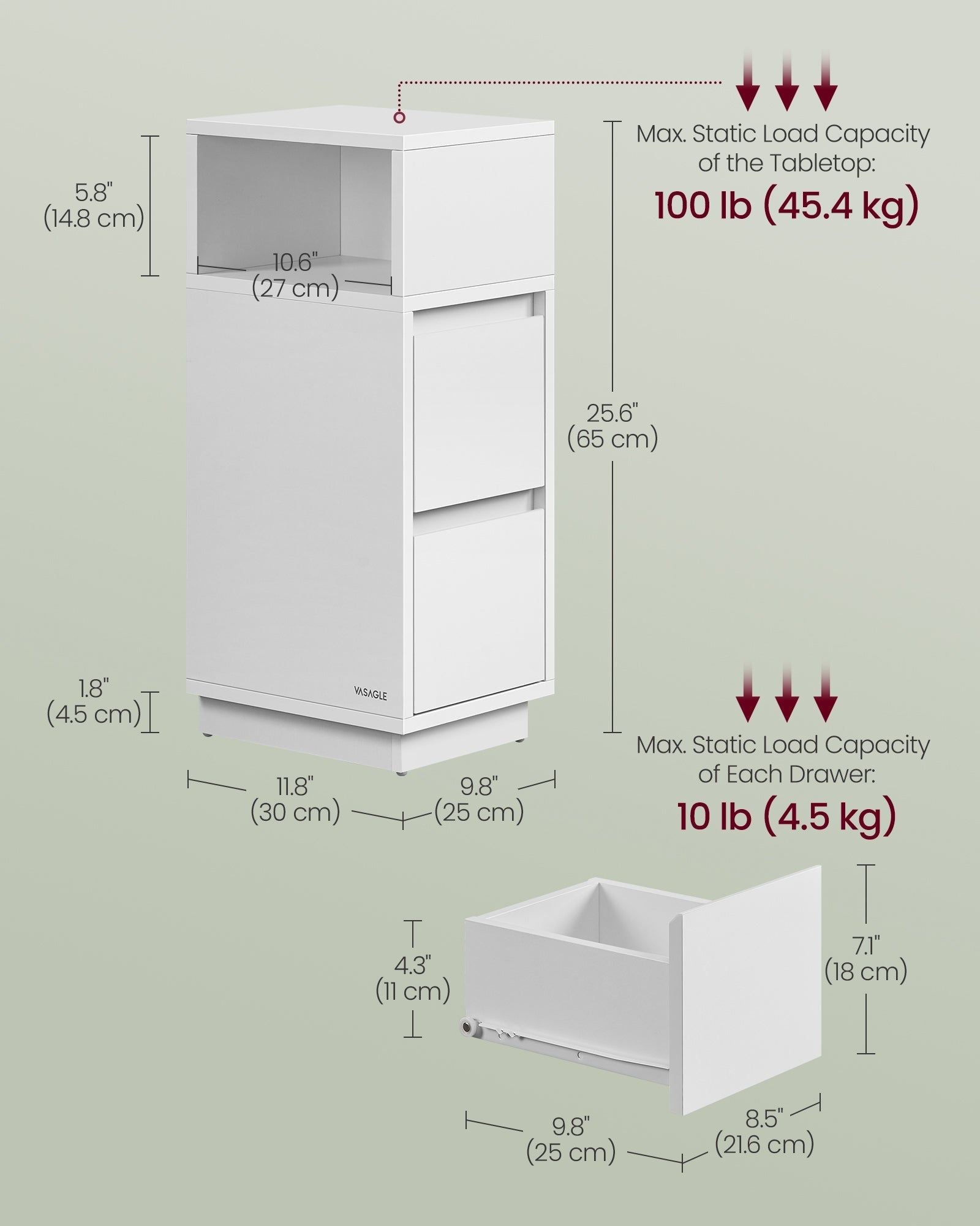 Set of 2 Slim Bedside Tables - Engineered Wood - Cloud White - 2 Drawers and 1 Open Compartment