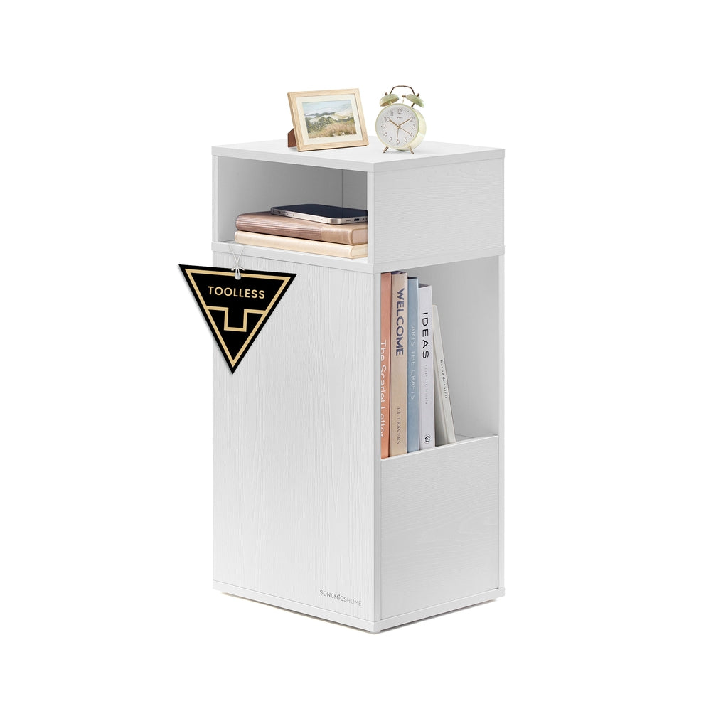 Slim Bedside Table Set of 2 - Wood - White - Toolless Assembly with Open Compartments and Drawer