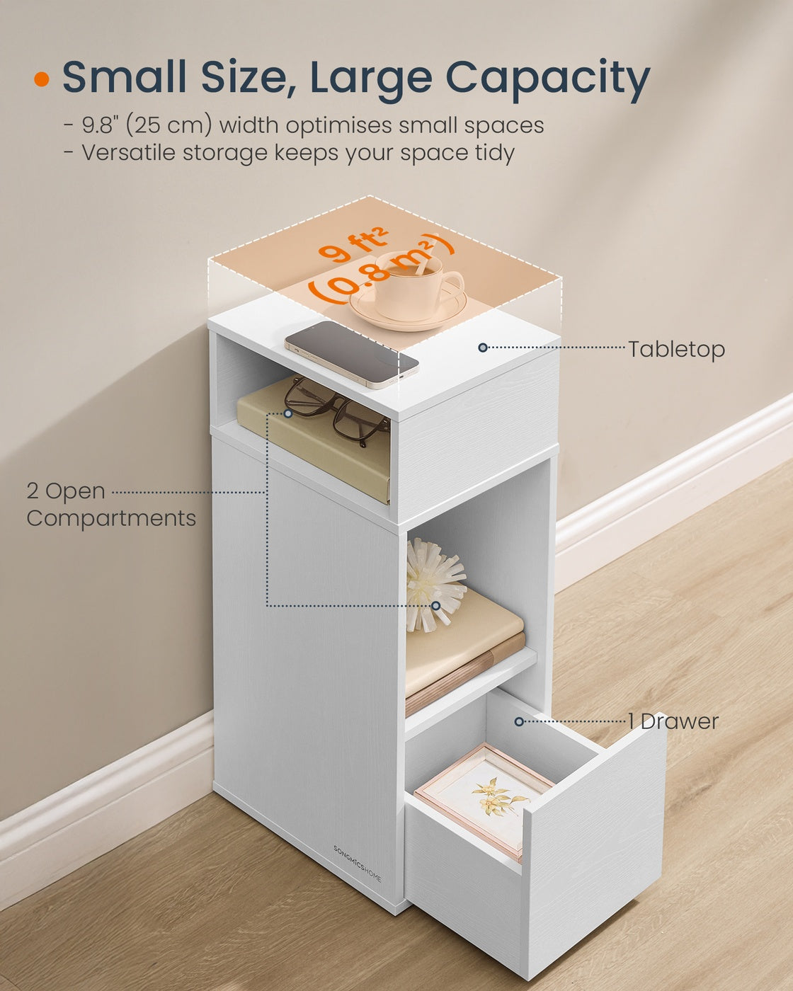 Slim Bedside Table Set of 2 - Wood - White - Toolless Assembly with Open Compartments and Drawer