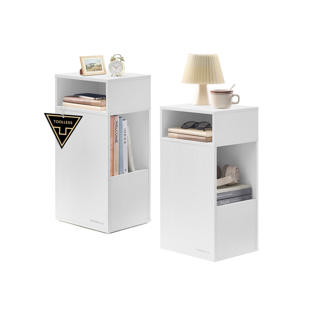 Slim Bedside Table Set of 2 - Wood - White - Toolless Assembly with Open Compartments and Drawer