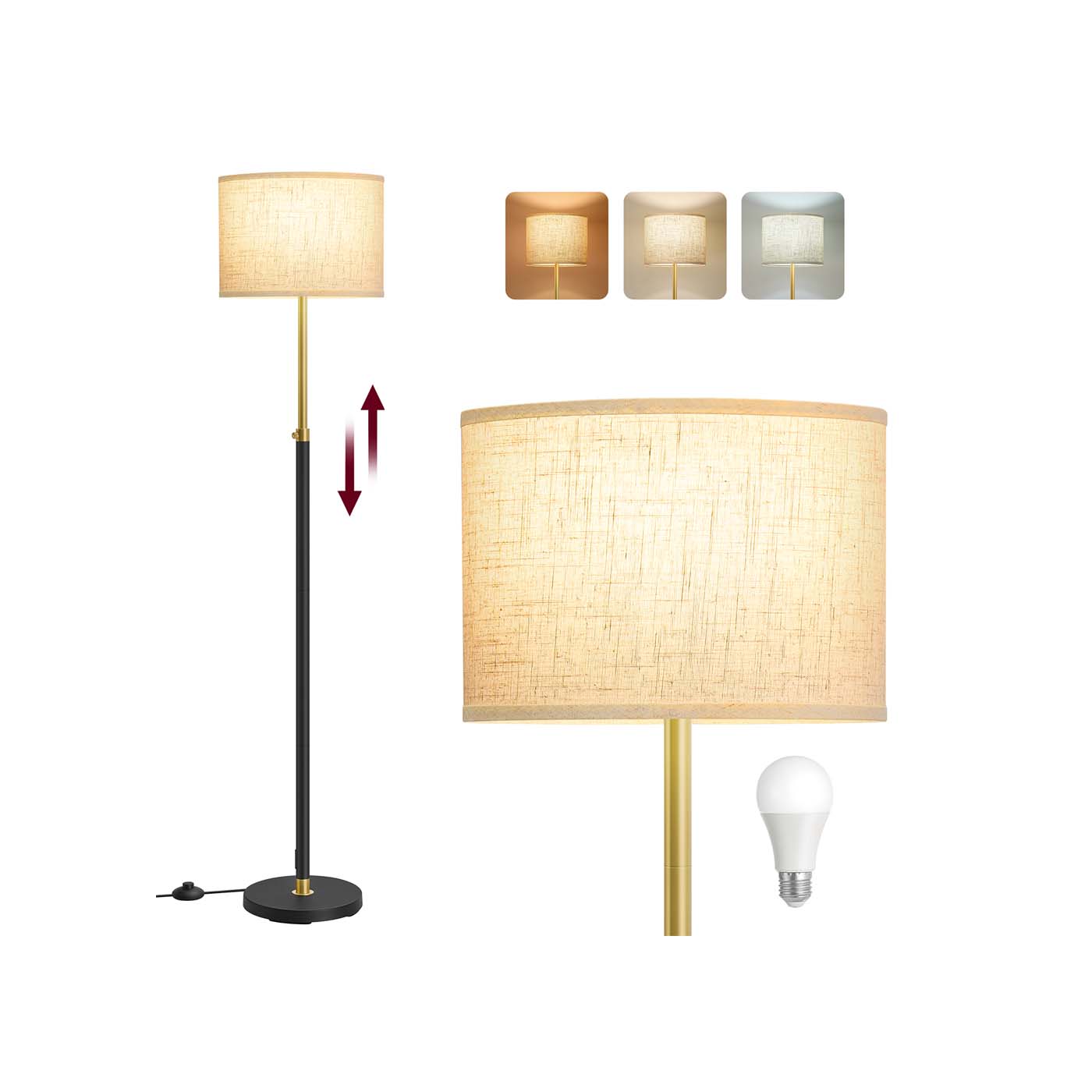 Modern Floor Lamp - Fabric - Gold and Black - Adjustable Height with Foot Switch