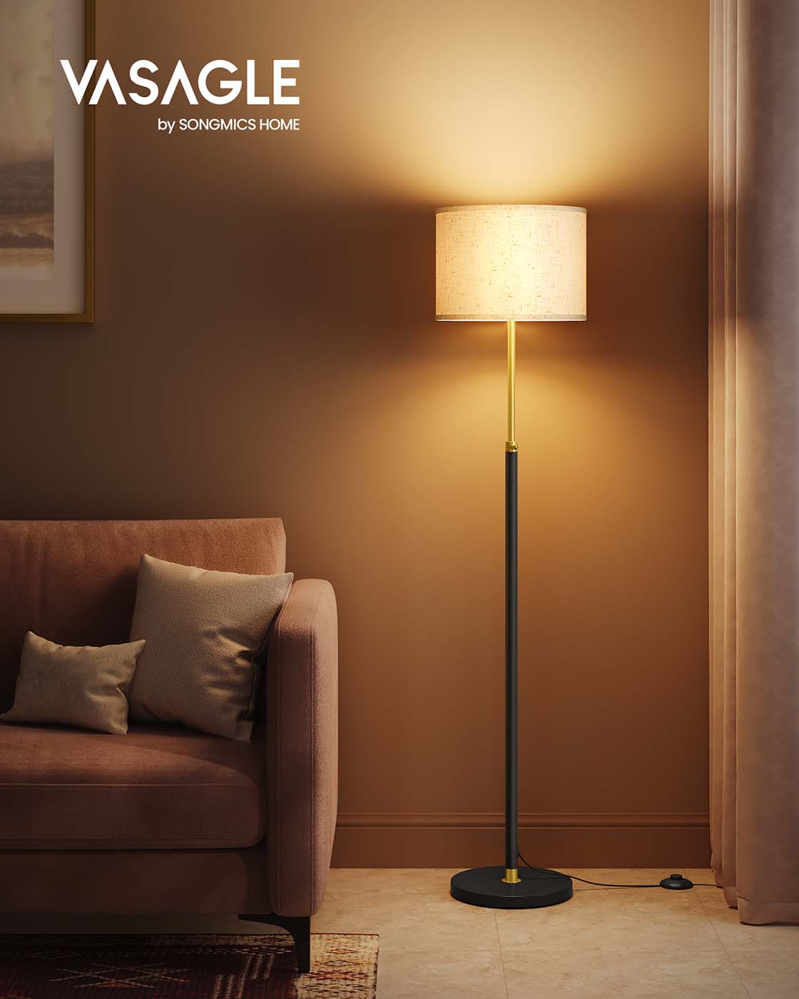 Modern Floor Lamp - Fabric - Gold and Black - Adjustable Height with Foot Switch
