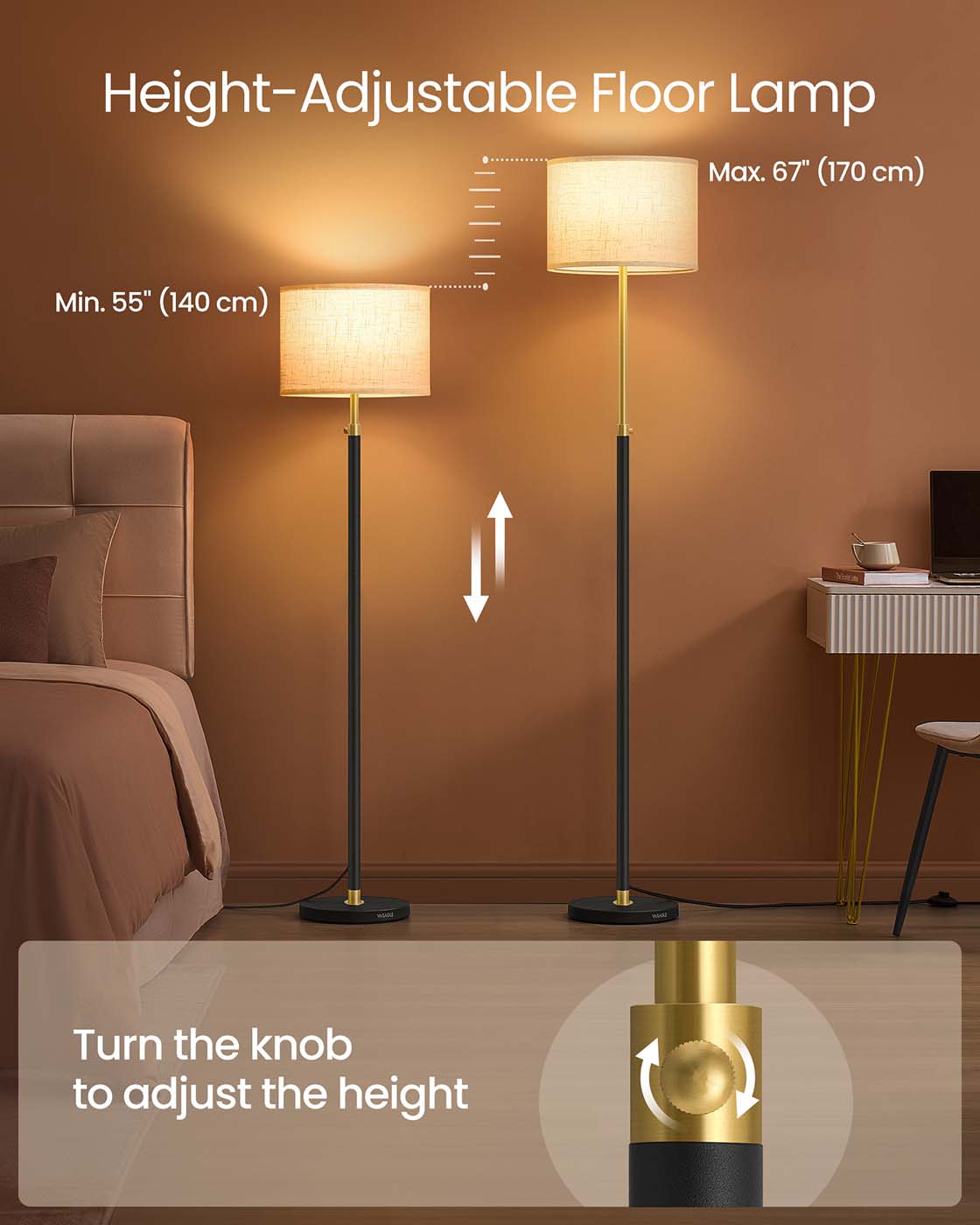 Modern Floor Lamp - Fabric - Gold and Black - Adjustable Height with Foot Switch