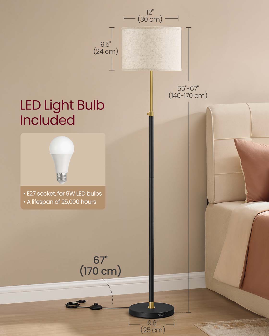Modern Floor Lamp - Fabric - Gold and Black - Adjustable Height with Foot Switch