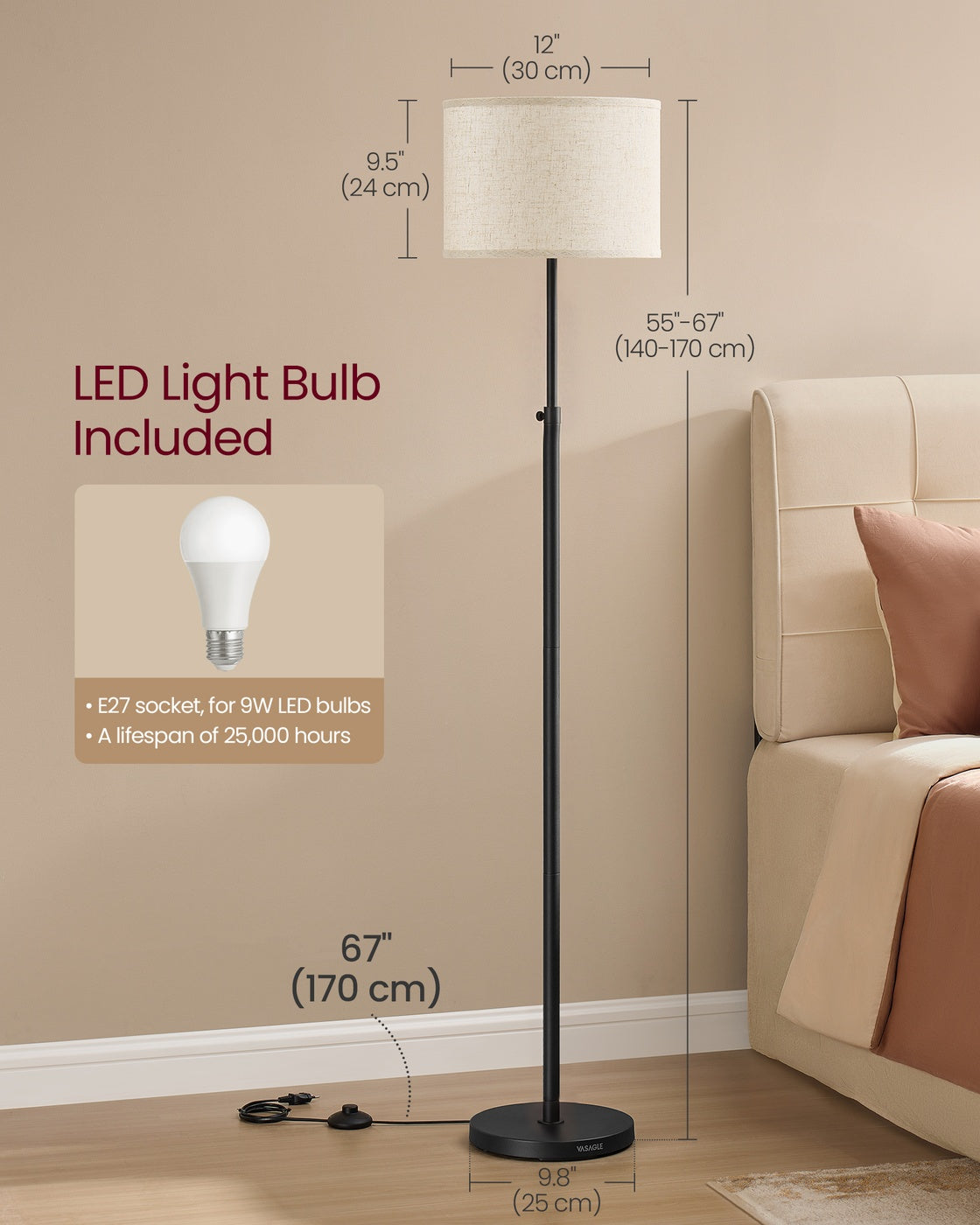 Floor Lamp for Living Room - Steel and Cement - Ink Black