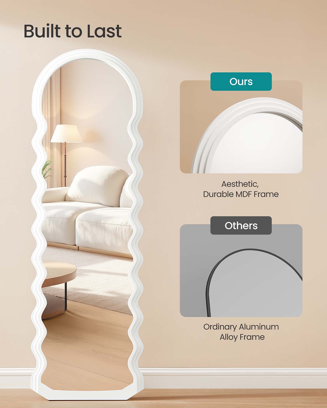 Full Length Mirror - MDF - Cloud White - Irregular Wavy Design with Stand