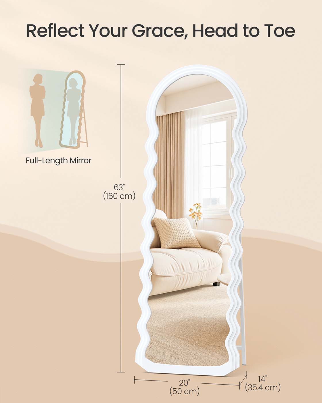 Full Length Mirror - MDF - Cloud White - Irregular Wavy Design with Stand