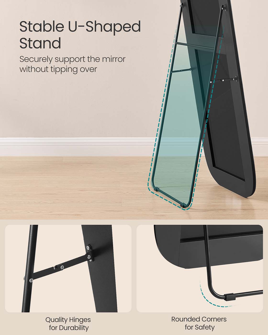 Full Length Standing Mirror - Aluminium Alloy - Ink Black - Rounded Corners