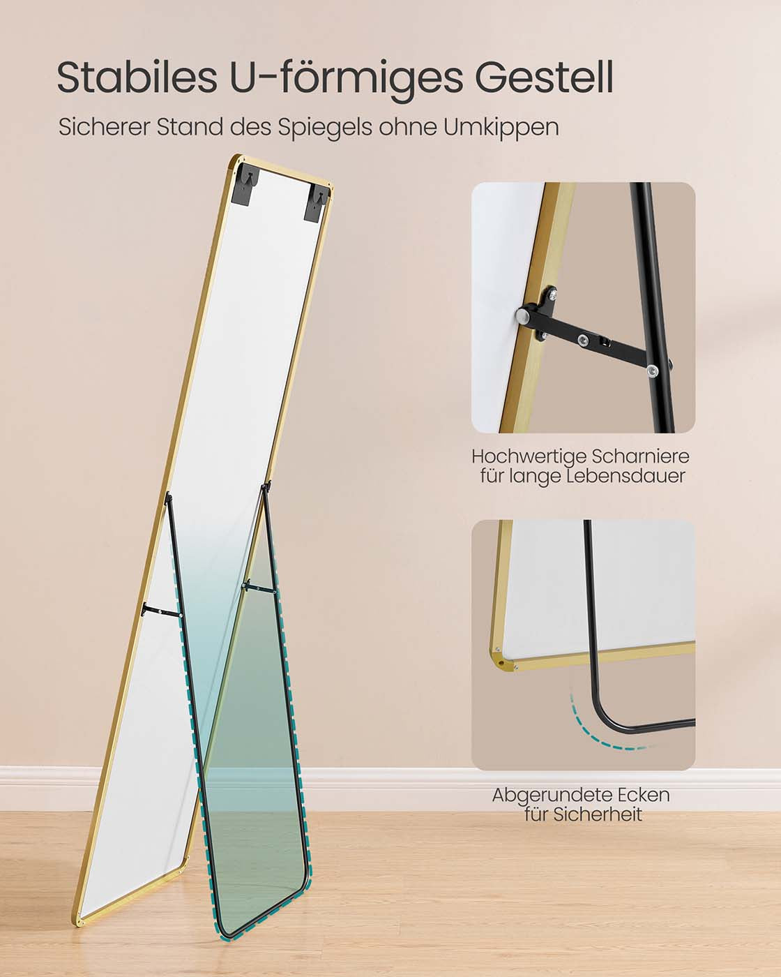 Full Length Mirror - Aluminium Alloy - Pale Gold - Rectangle with Stand 160 x 50 cm