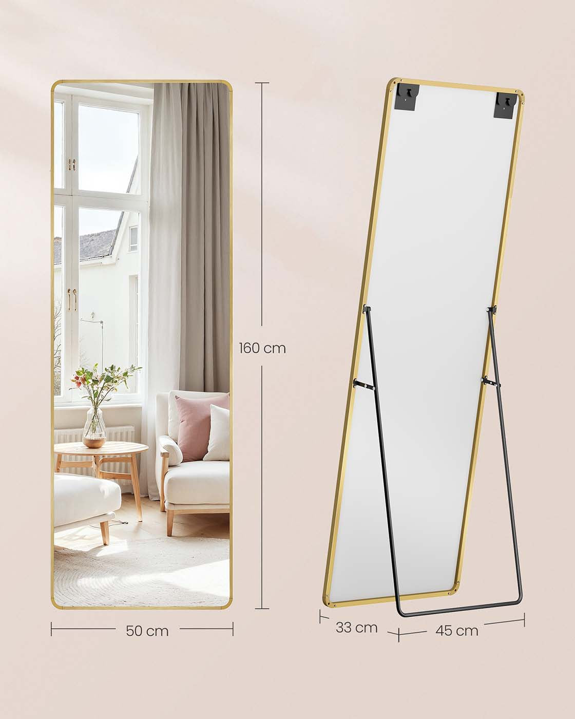 Full Length Mirror - Aluminium Alloy - Pale Gold - Rectangle with Stand 160 x 50 cm
