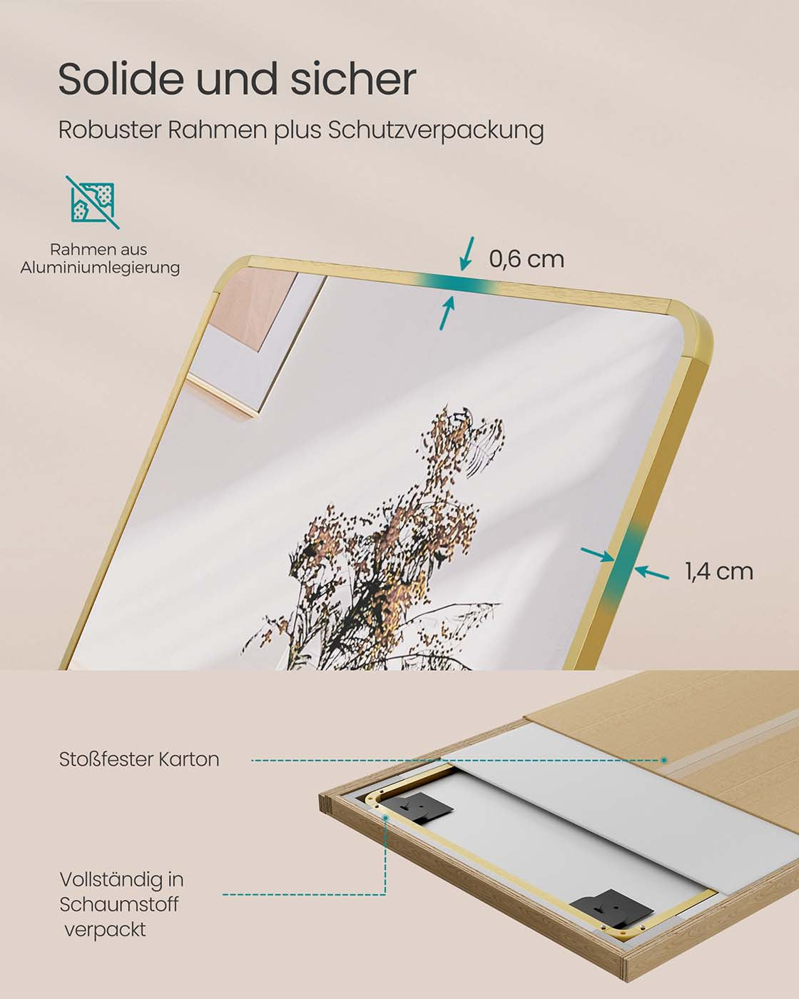 Full Length Mirror - Aluminium Alloy - Pale Gold - Rectangle with Stand 160 x 50 cm