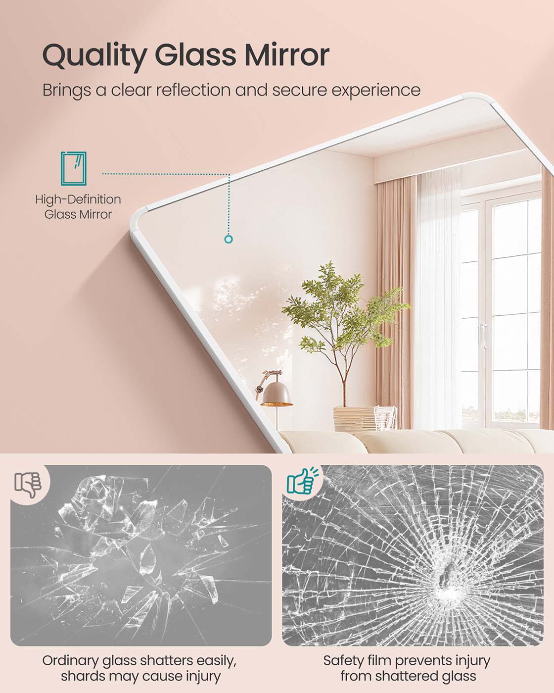 Full Length Mirror - Aluminium Alloy Frame - Matte White - Rectangular with Stand