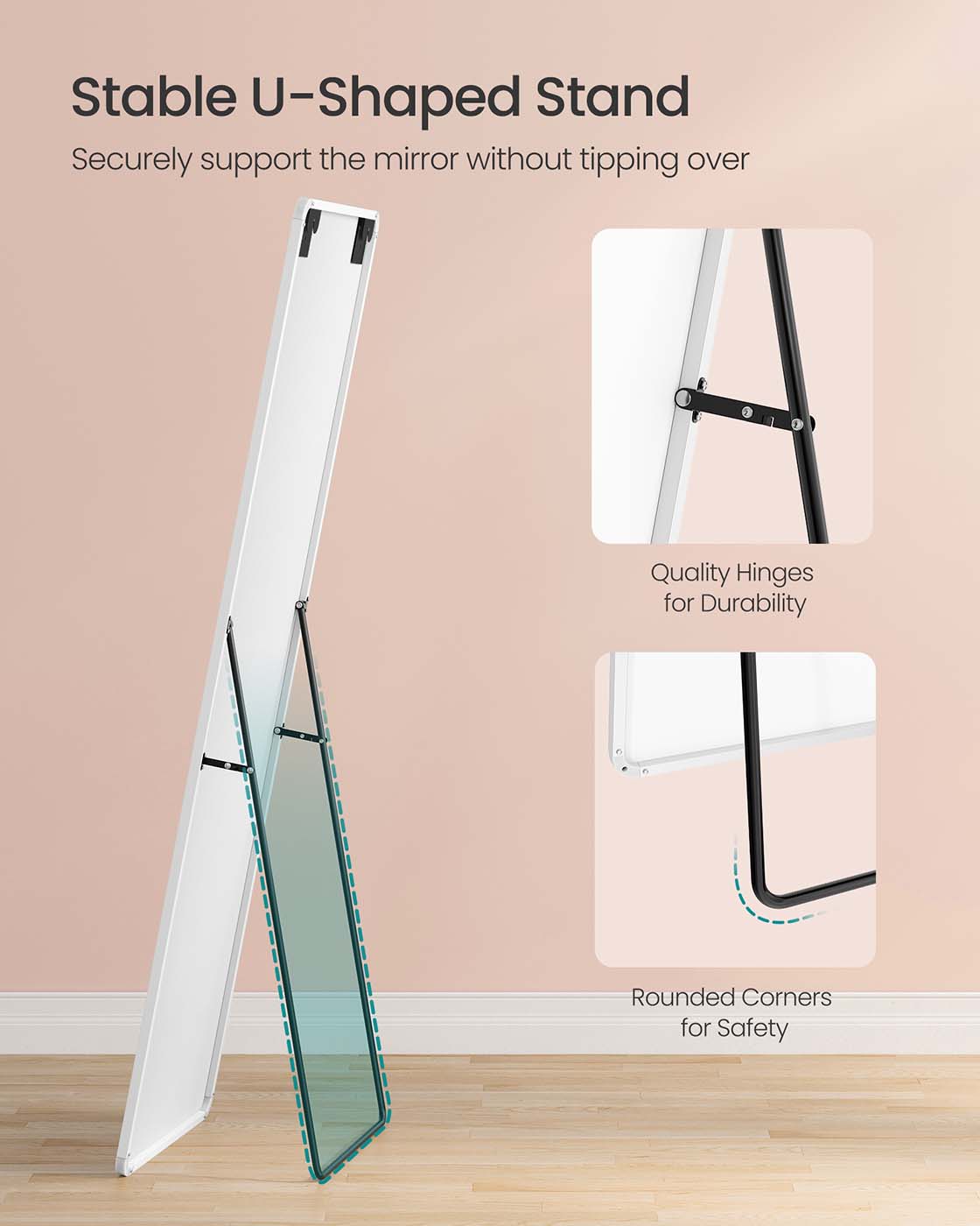 Full Length Mirror - Aluminium Alloy Frame - Matte White - Rectangular with Stand