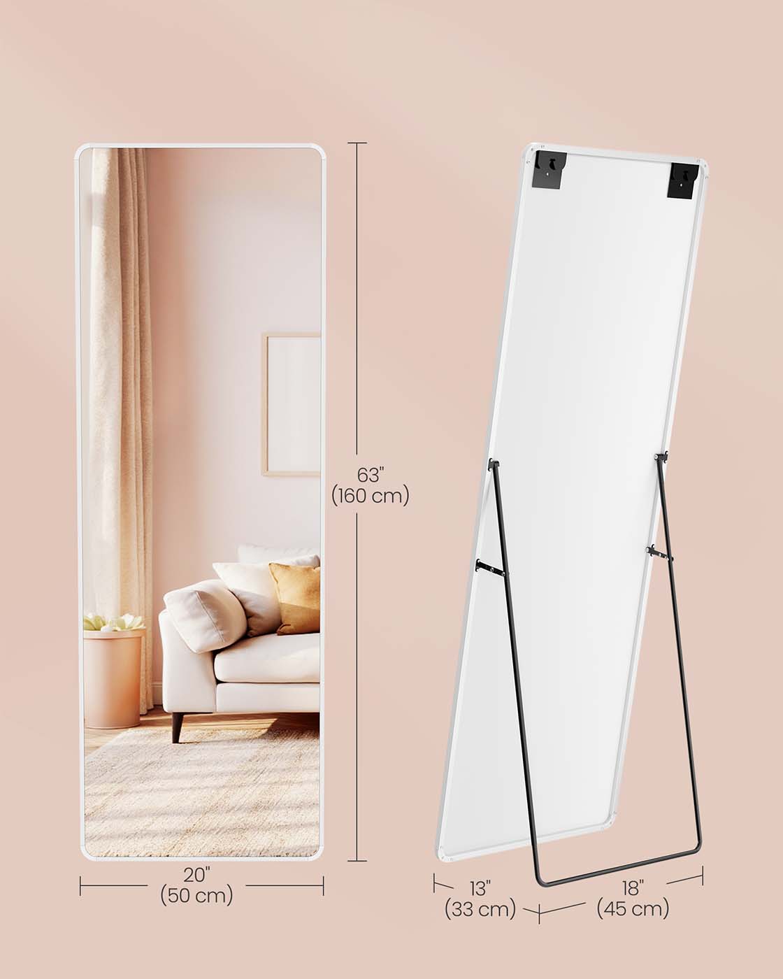 Full Length Mirror - Aluminium Alloy Frame - Matte White - Rectangular with Stand
