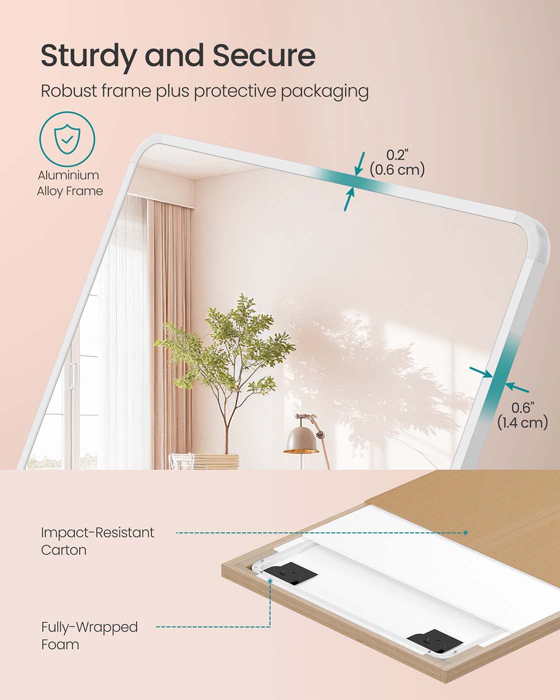 Full Length Mirror - Aluminium Alloy Frame - Matte White - Rectangular with Stand