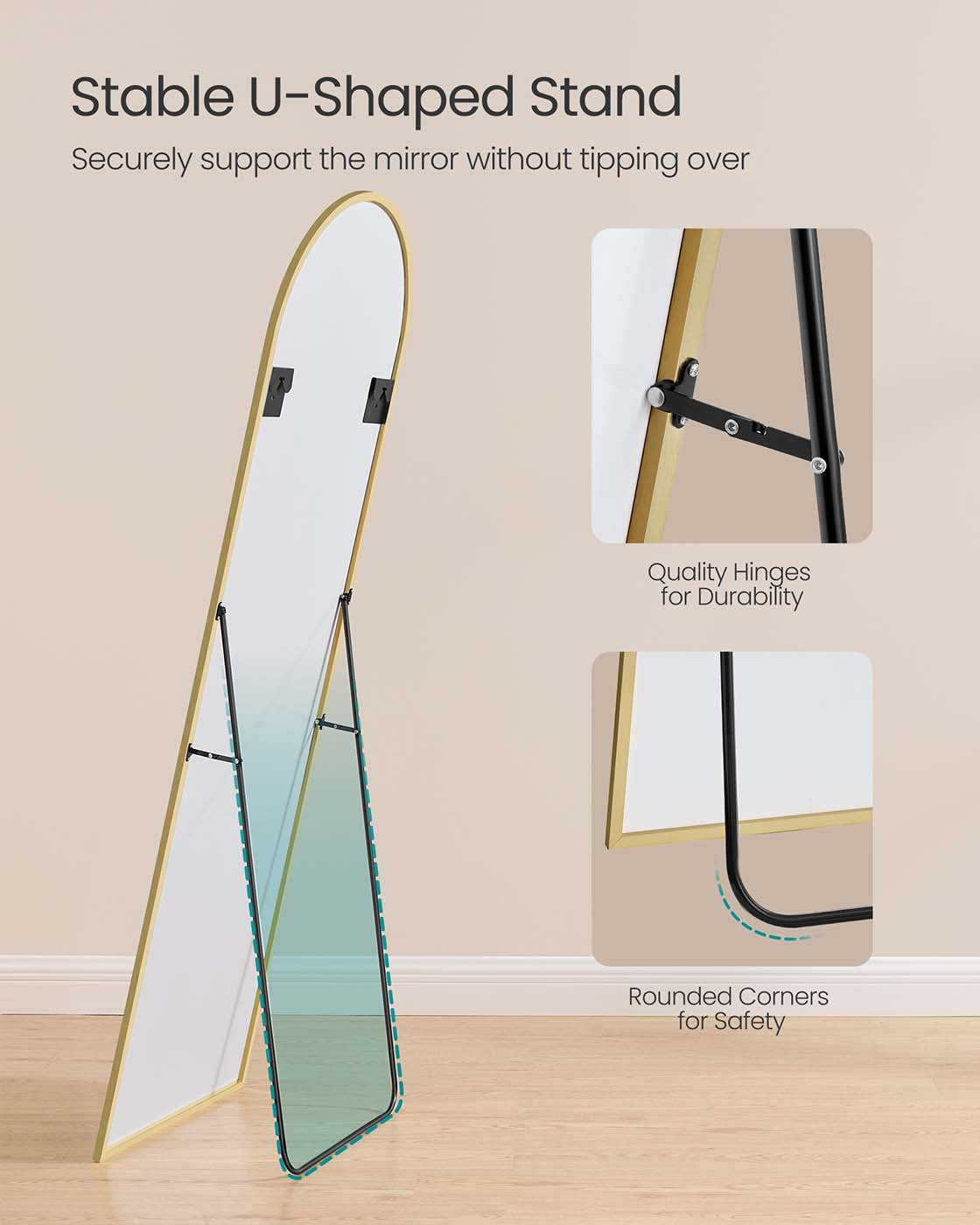 Full Length Mirror - Aluminium Alloy - Pale Gold - Arched with Stand