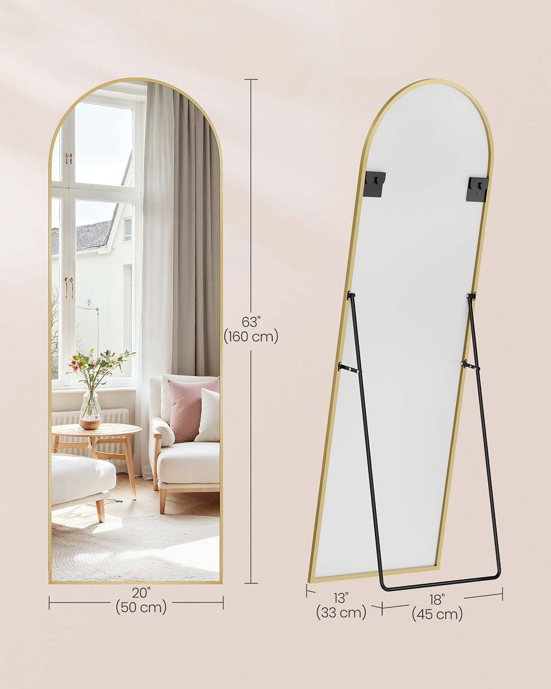 Full Length Mirror - Aluminium Alloy - Pale Gold - Arched with Stand