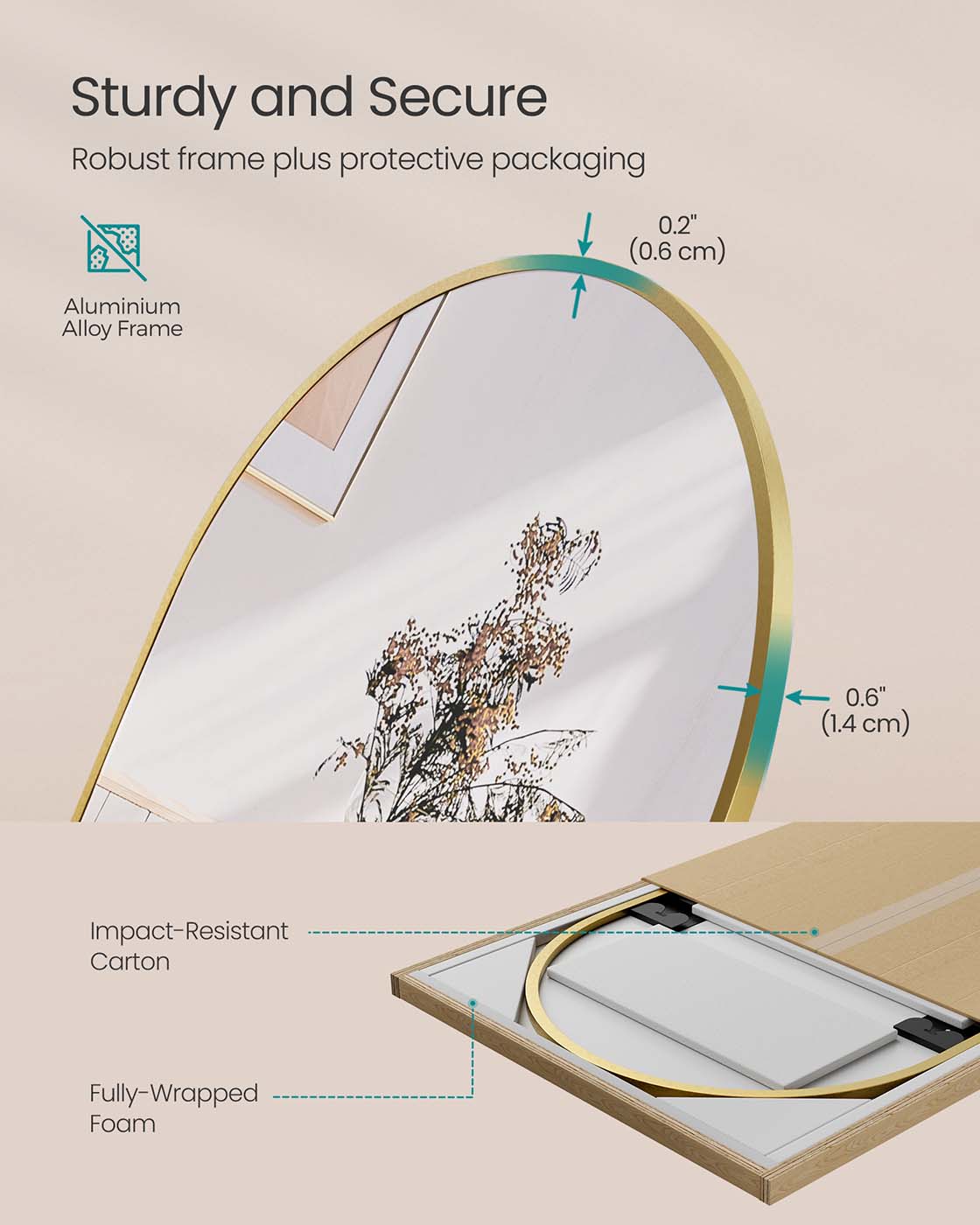 Full Length Mirror - Aluminium Alloy - Pale Gold - Arched with Stand