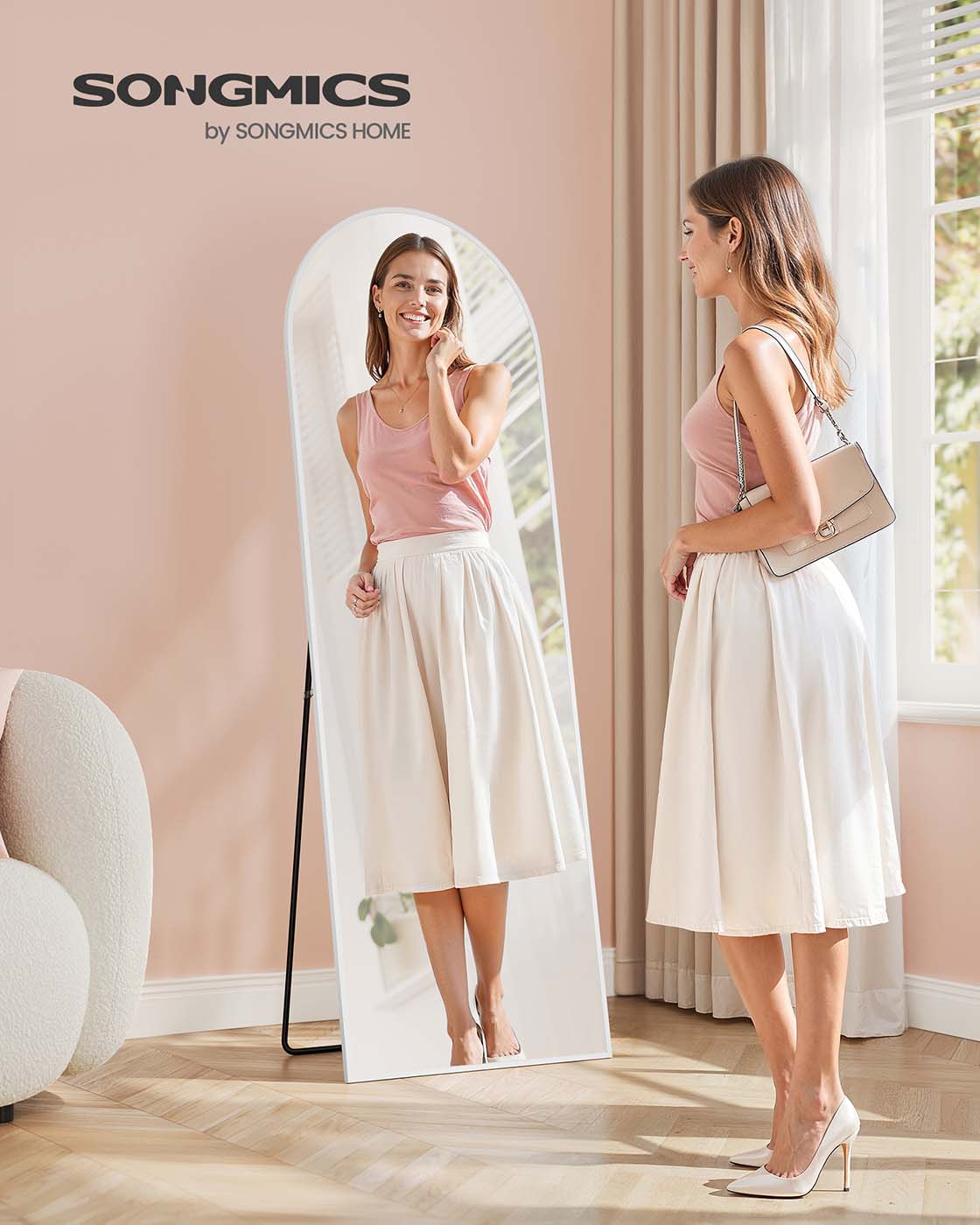 Full Length Mirror - Aluminium Alloy - Matte White - Arched Design with Stand